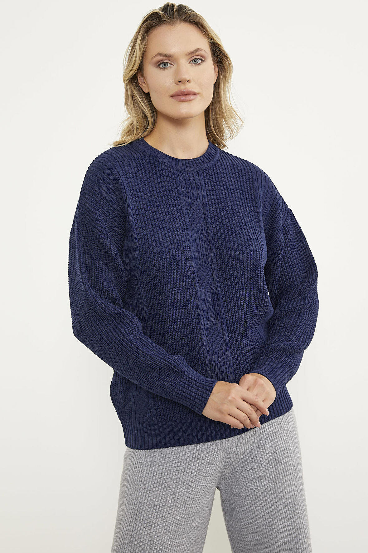 Petek Desenli Oversize Triko Kazak - Lacivert