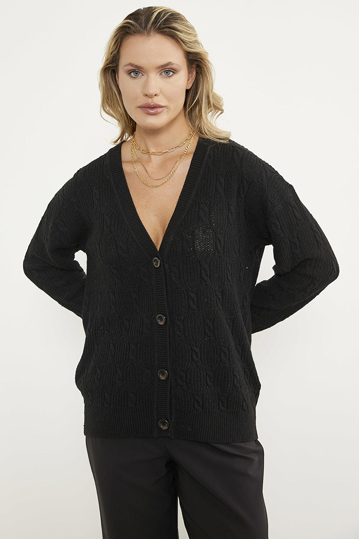 Düğmeli Saç Örgü Triko Hırka - Siyah