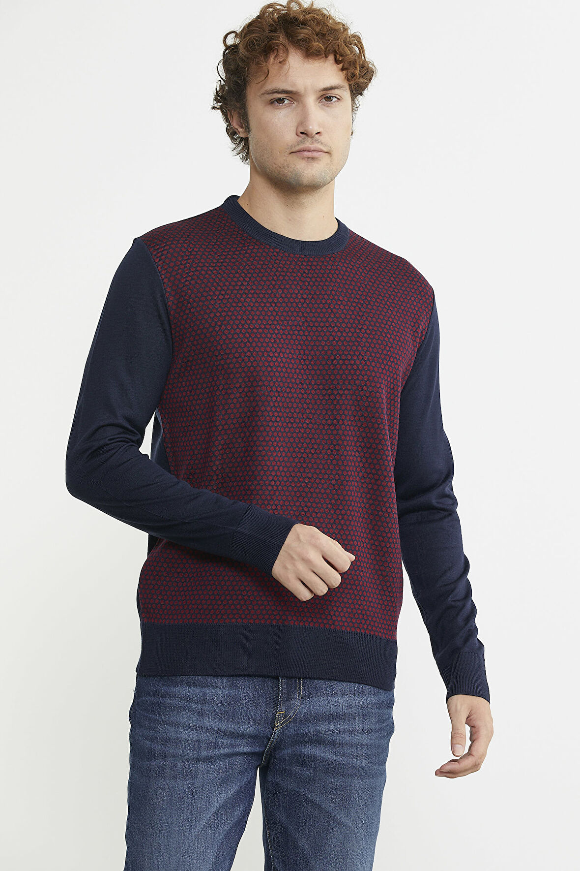 Sıfır Yaka Jakarlı Regular Fit Triko Kazak - Lacivert