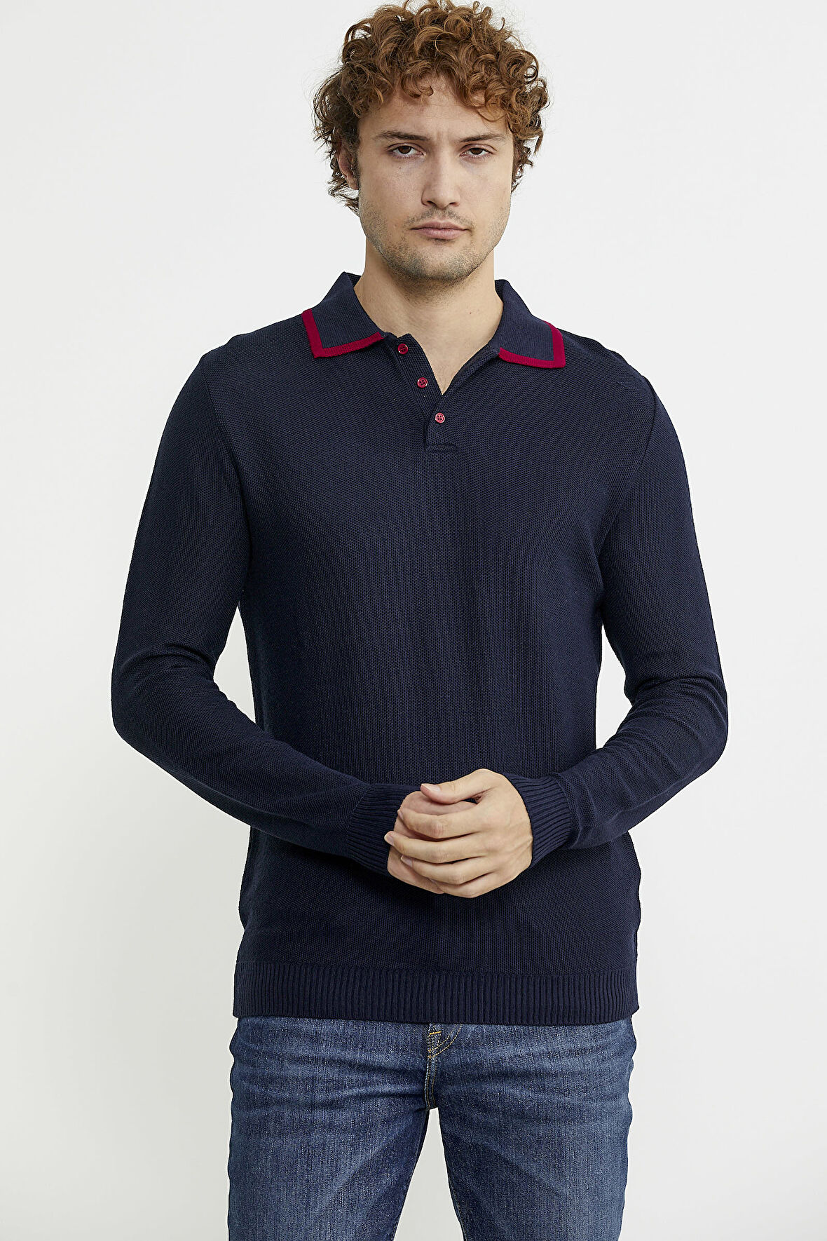 Polo Yaka Düğmeli Triko Kazak - Lacivert