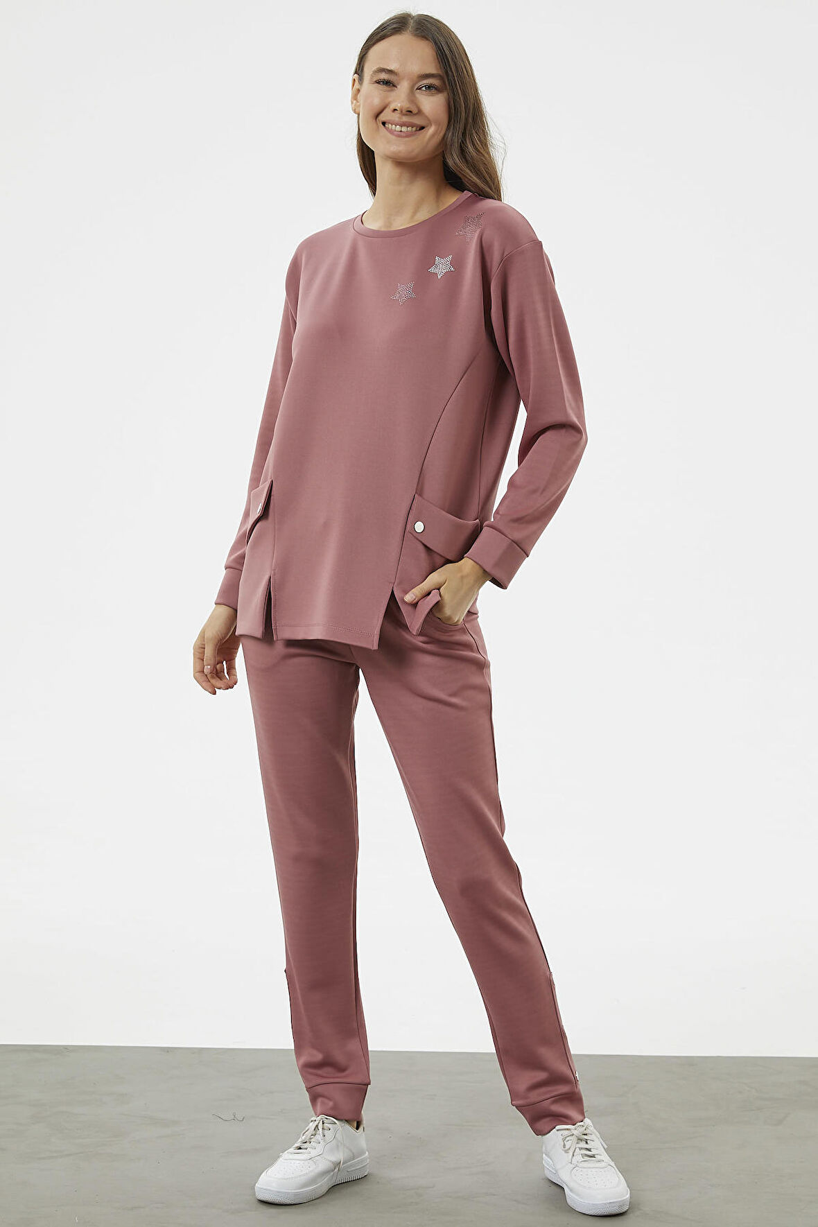 Torba Cep Detaylı Oversize Eşofman Takım - Gül