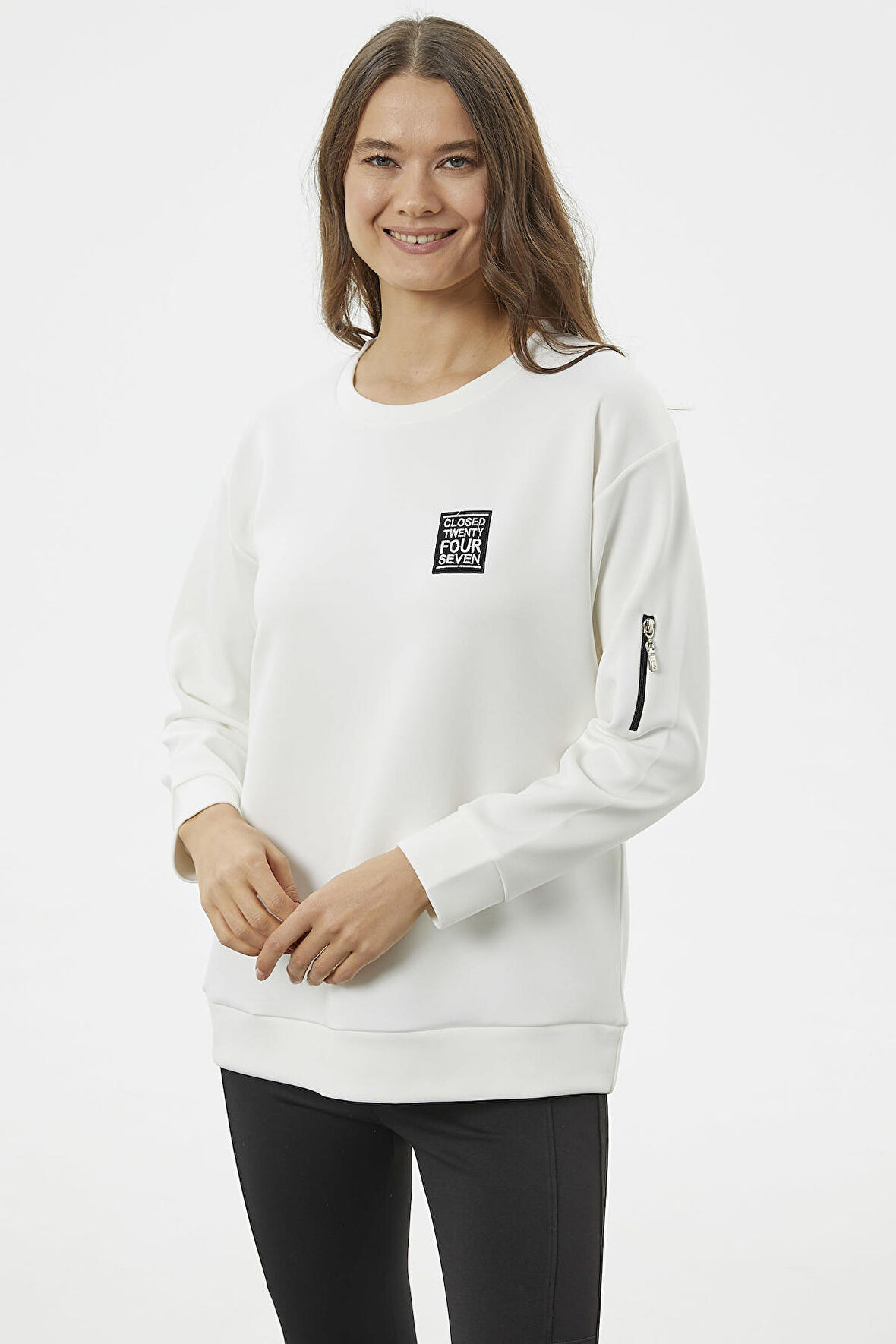 Fermuarlı Rahat Kalıp Sweatshirt - Ekru