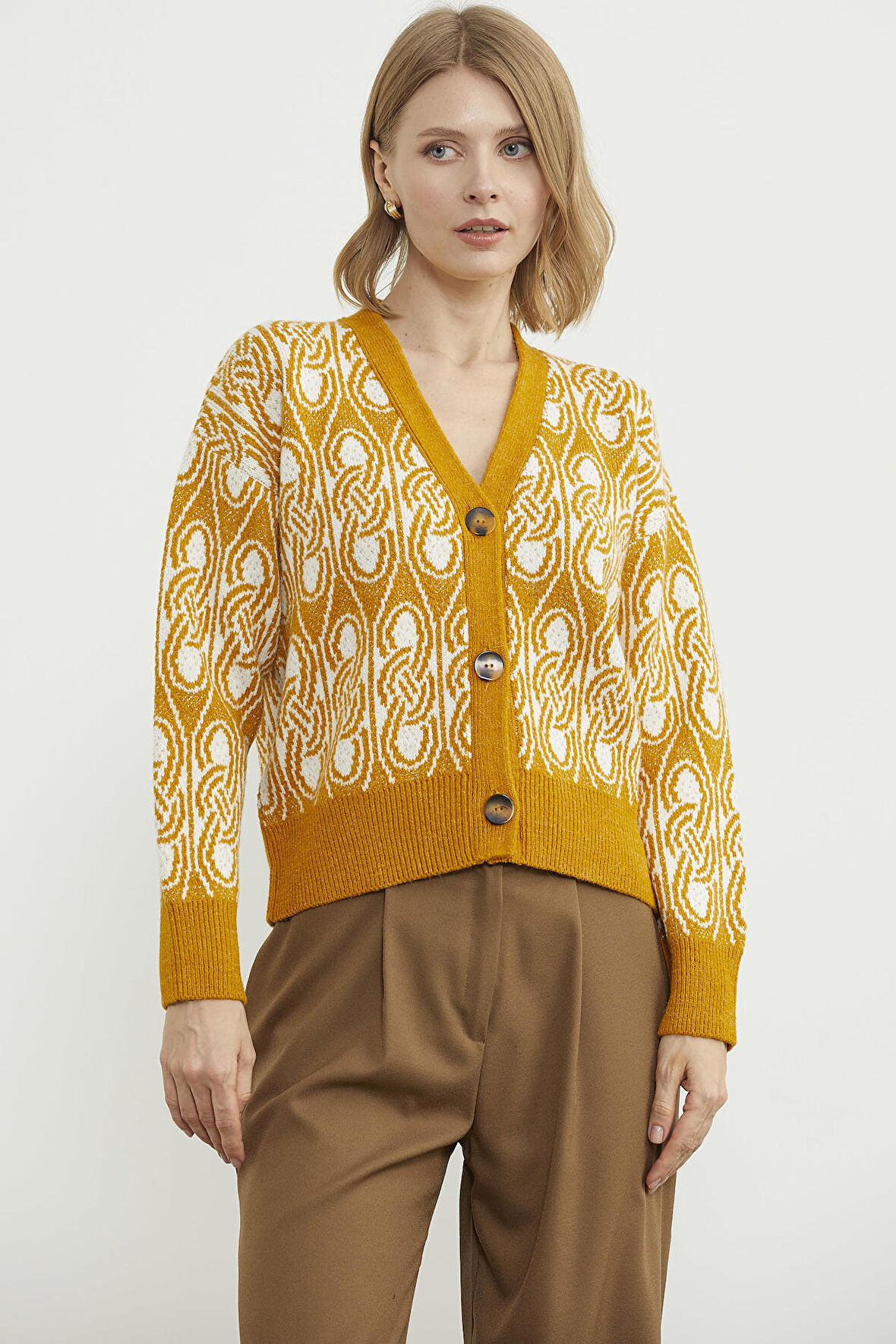 Çift Renk Düğmeli Kalın Triko Hırka - Güneş