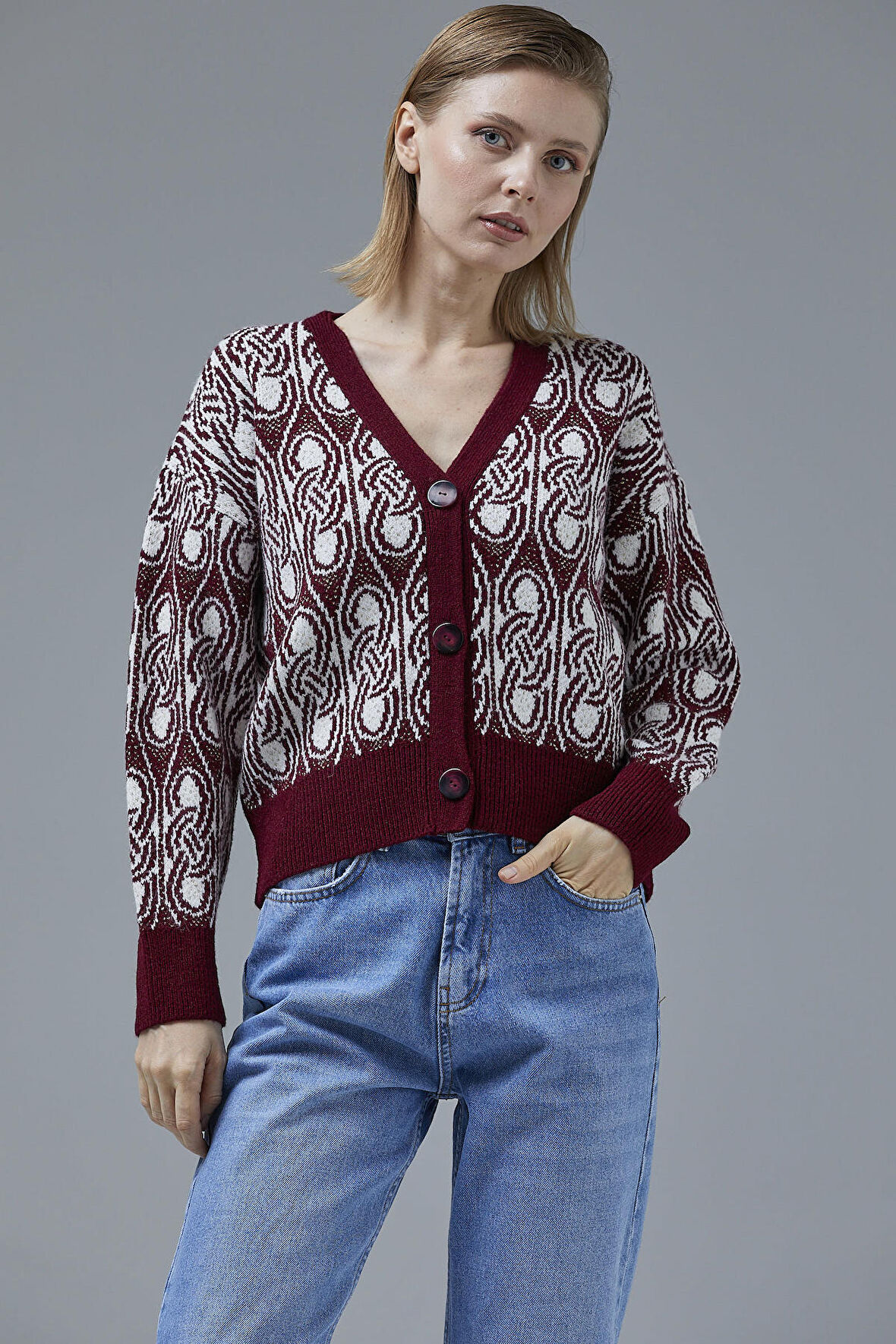 Çift Renk Düğmeli Kalın Triko Hırka - Bordo