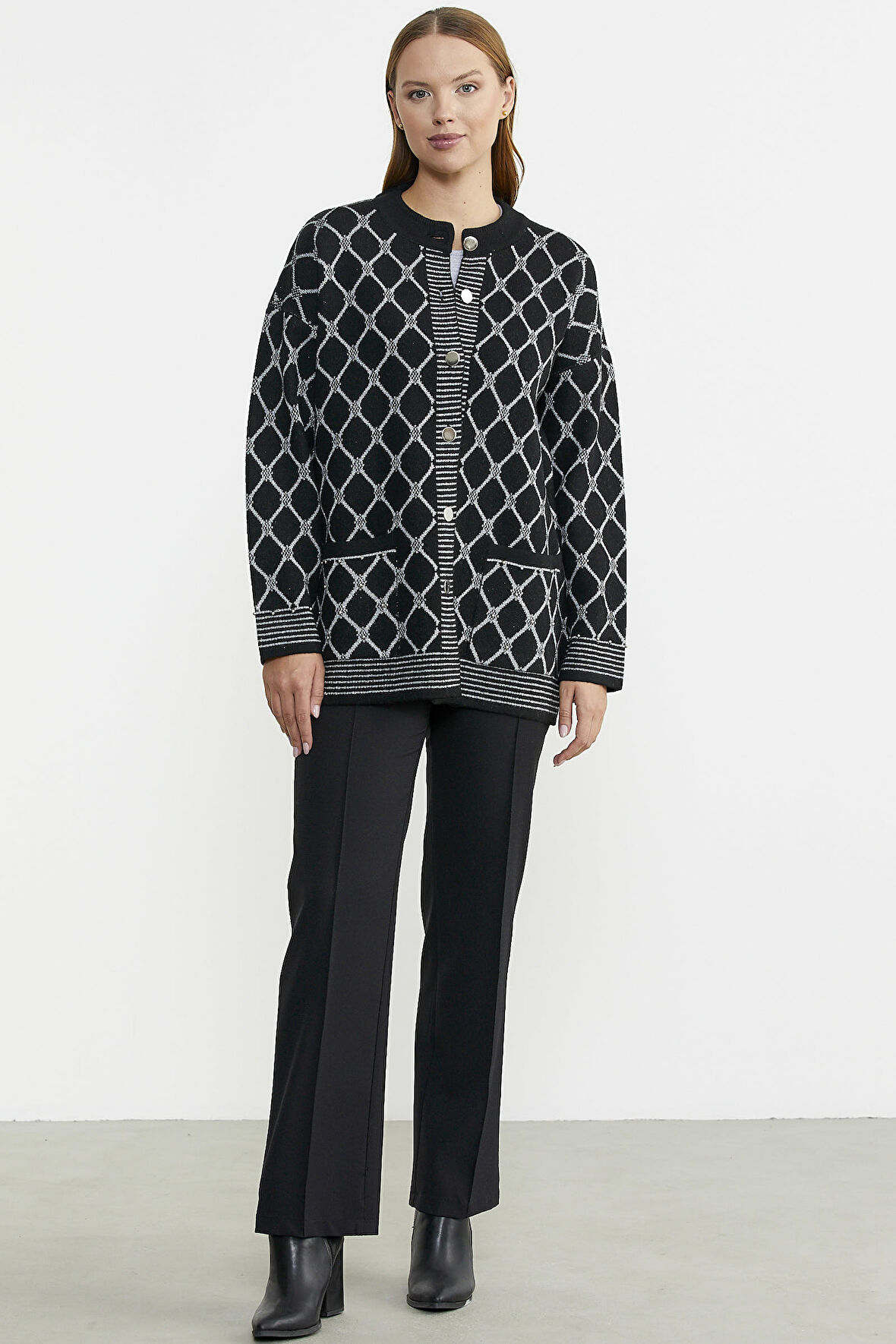 Baklava Desen Çift Renk Yünlü Triko Ceket - Siyah