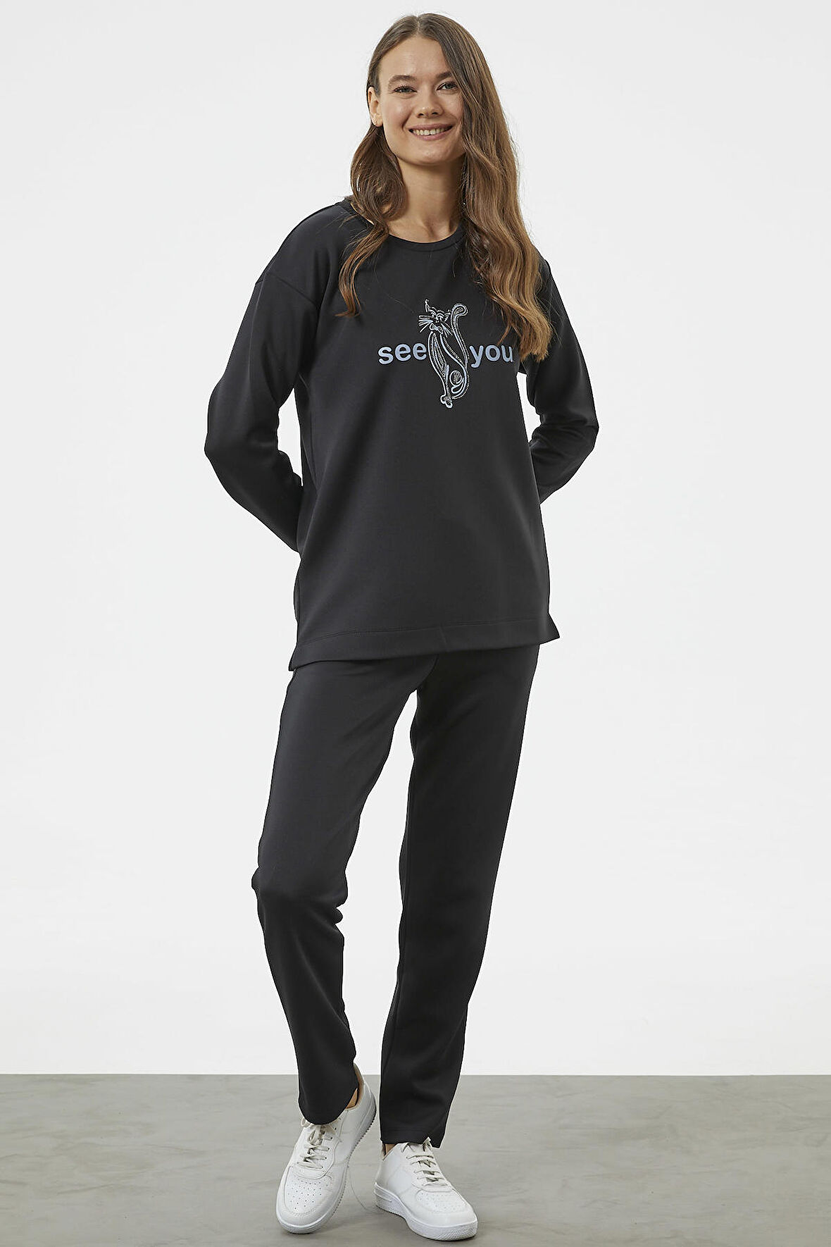 Baskılı Sıfır Yaka Oversize Eşofman Takım - Siyah