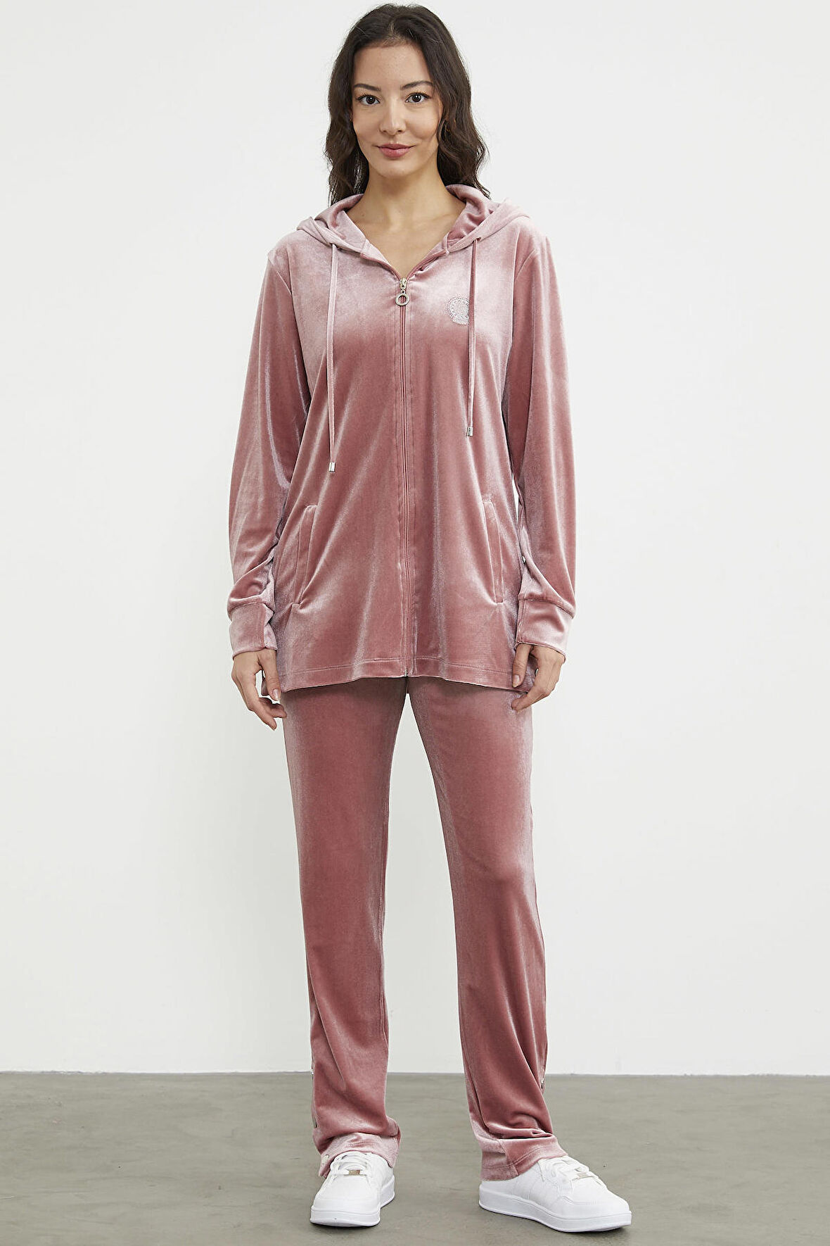 Tam Fermuarlı Tunik Boy Kadife Eşofman Takım - Pudra