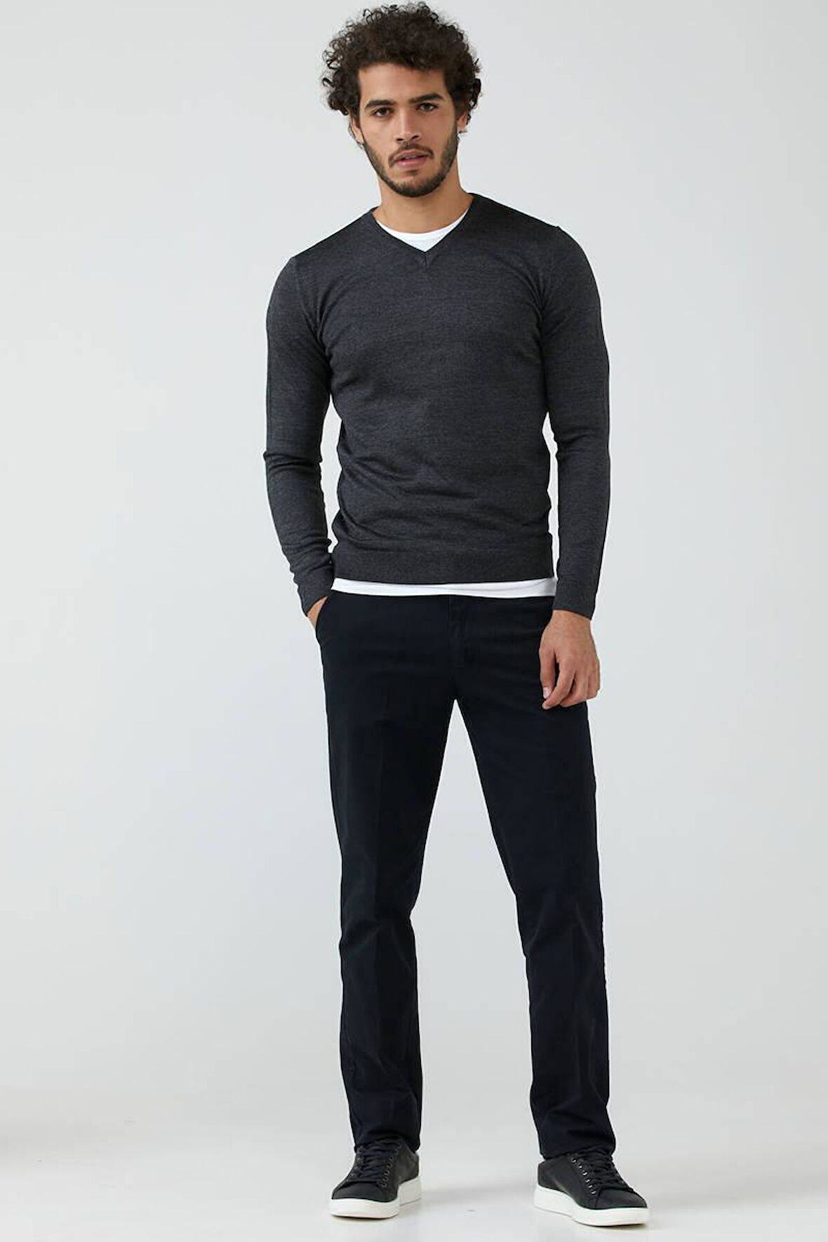 Erkek V Yaka Basic Triko Kazak - Antrasit