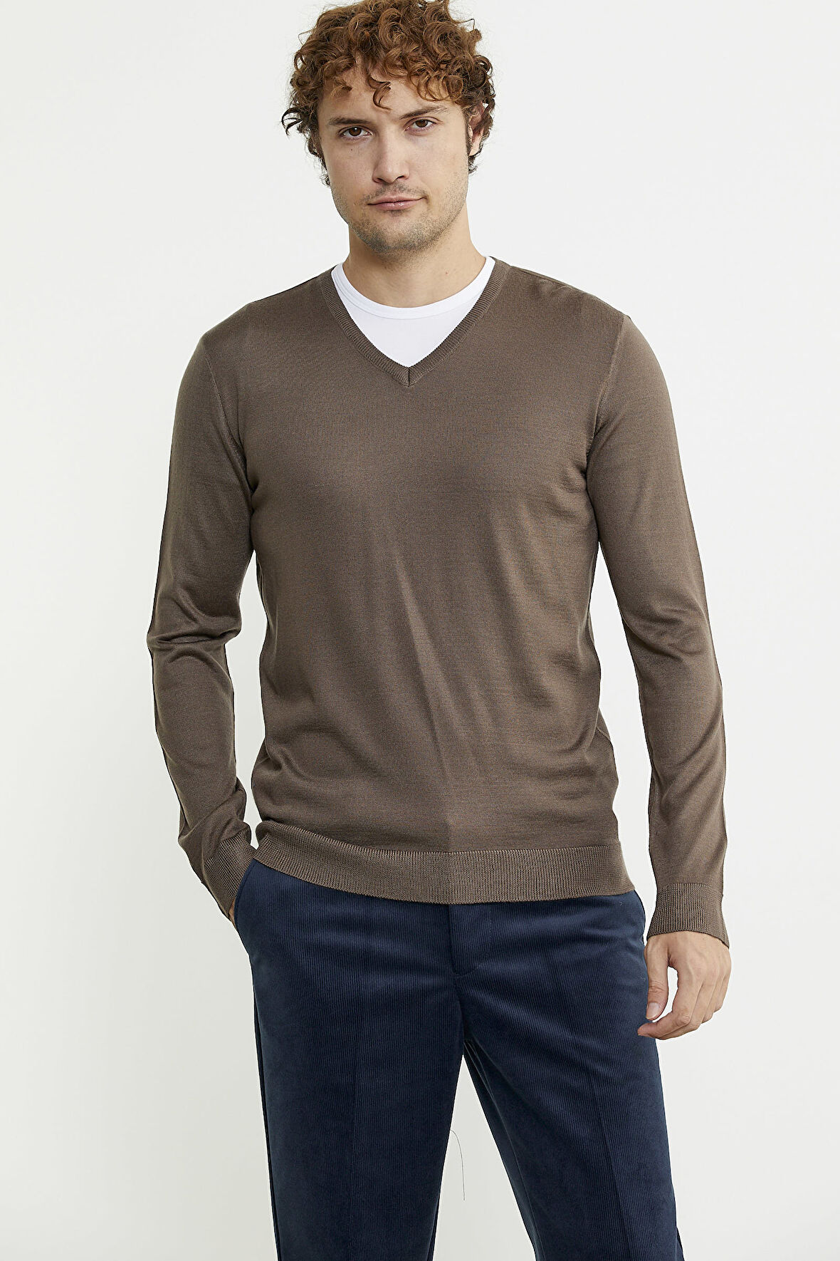 Erkek V Yaka Basic Triko Kazak - Vizon