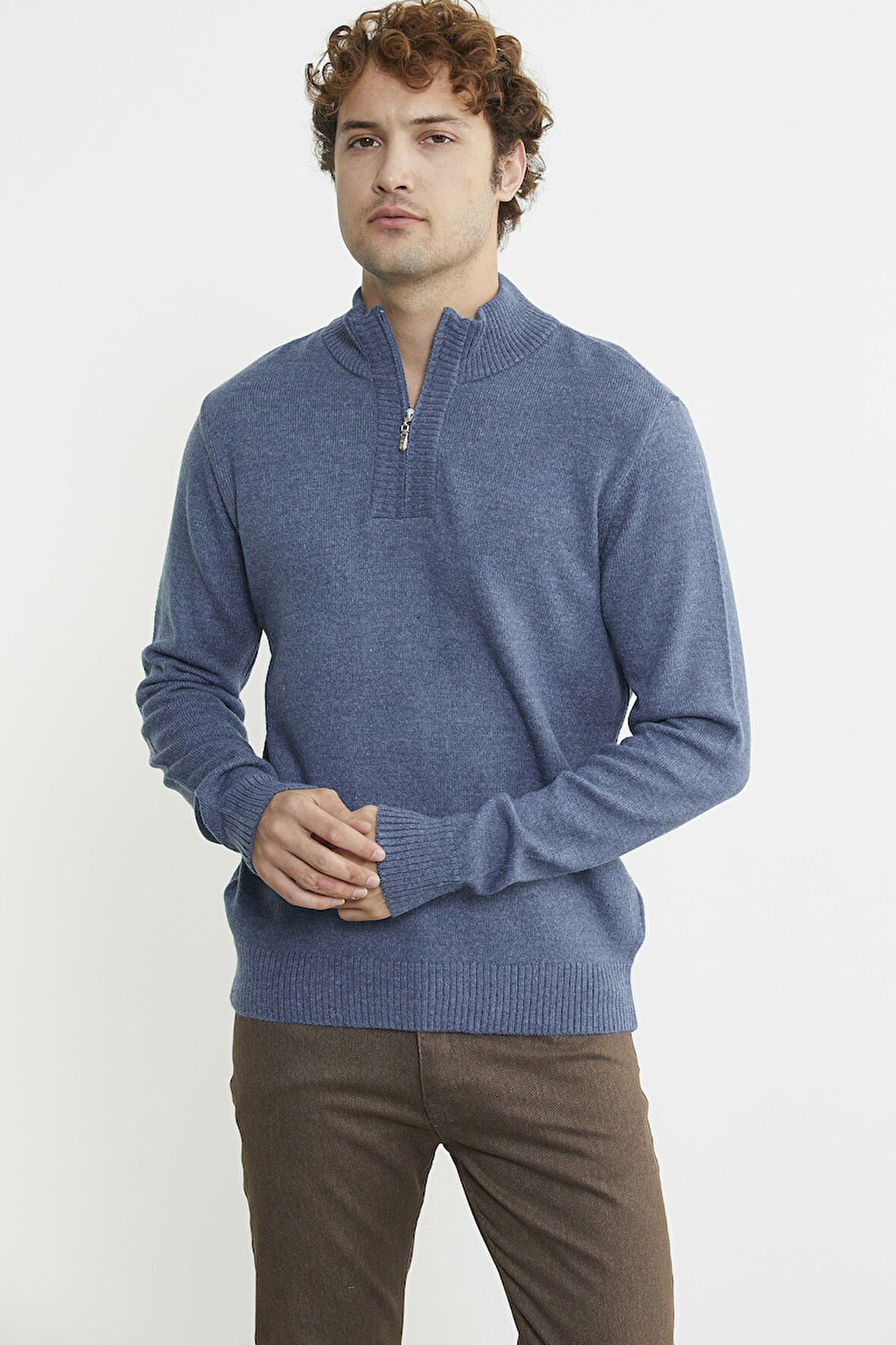 Yarım Fermuarlı Dik Yaka Triko Kazak - Indigo