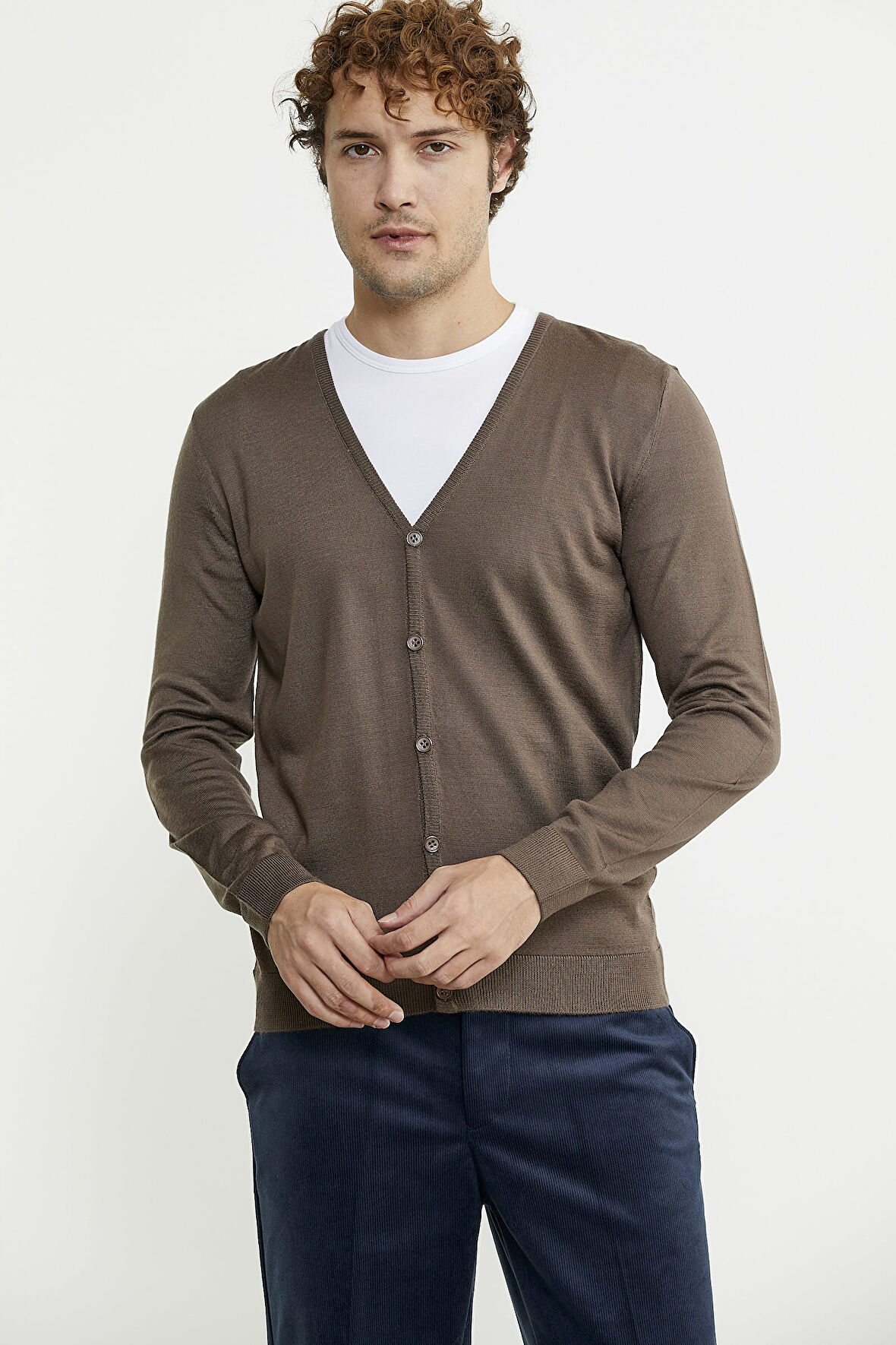 Erkek V Yaka Düğmeli Triko Hırka - Vizon