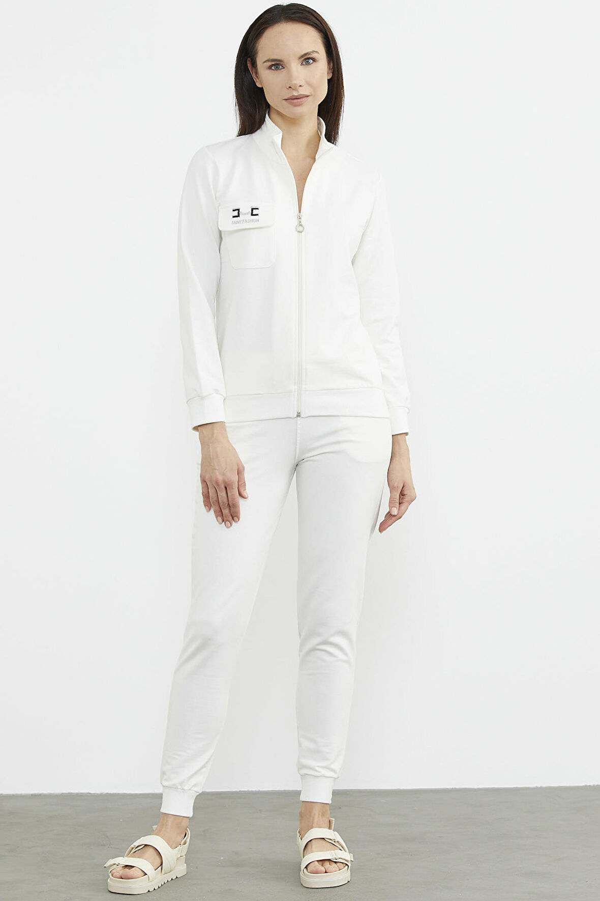 Fermuarlı Jogger Eşofman Takım - Ekru