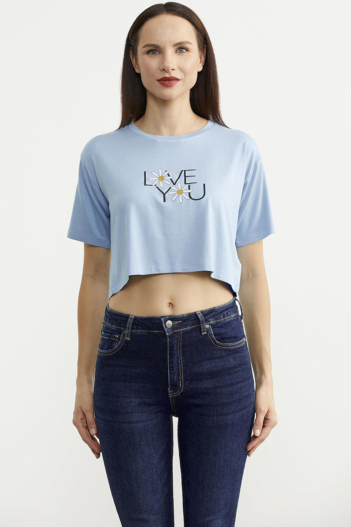 Oversize Baskılı Crop Tişört - Mavi