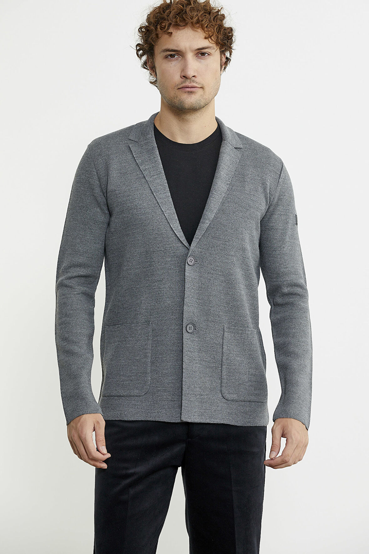 Düğmeli Cep Detaylı Triko Ceket - Füme