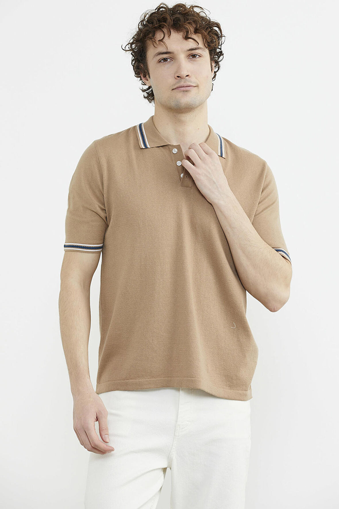 Polo Yaka Kısa Kol Pamuk Triko Tişört - Kamel