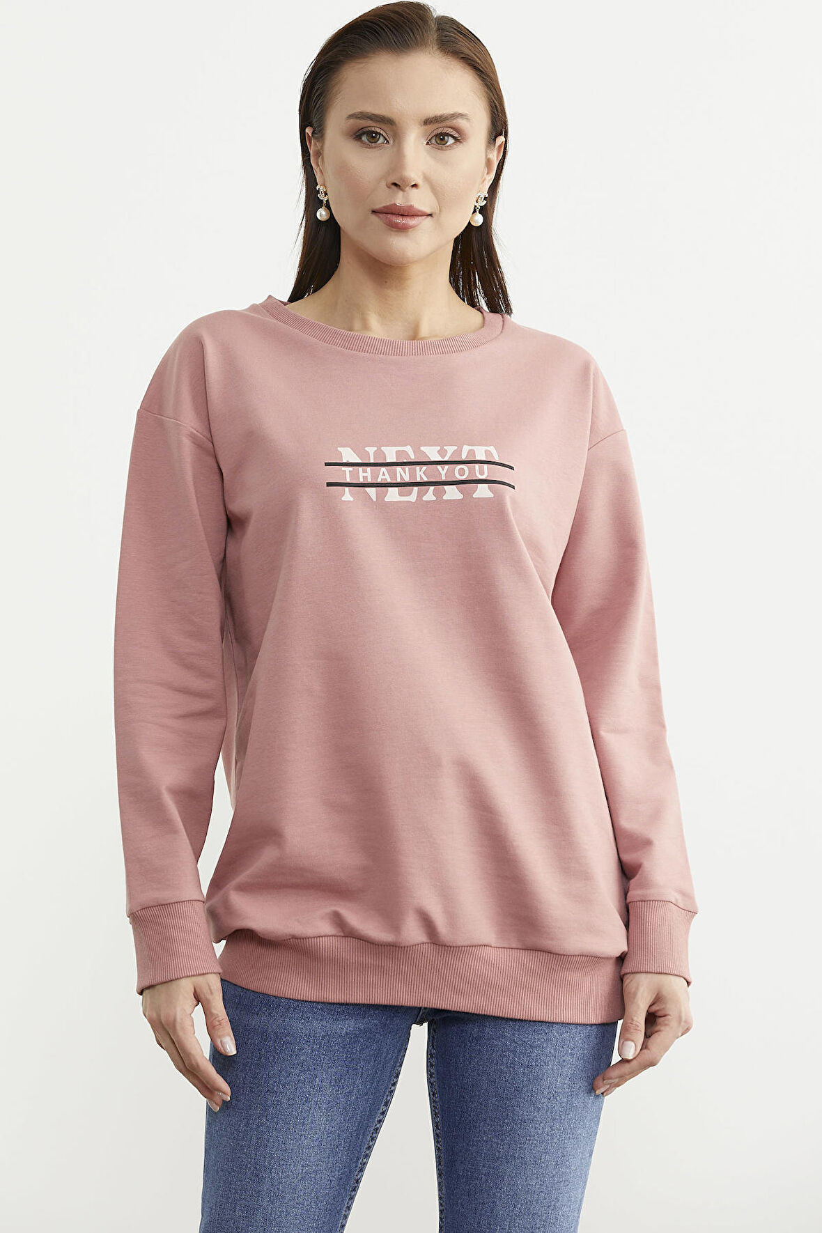 Sıfır Yaka Oversize Sweatshirt - Gül Kurusu