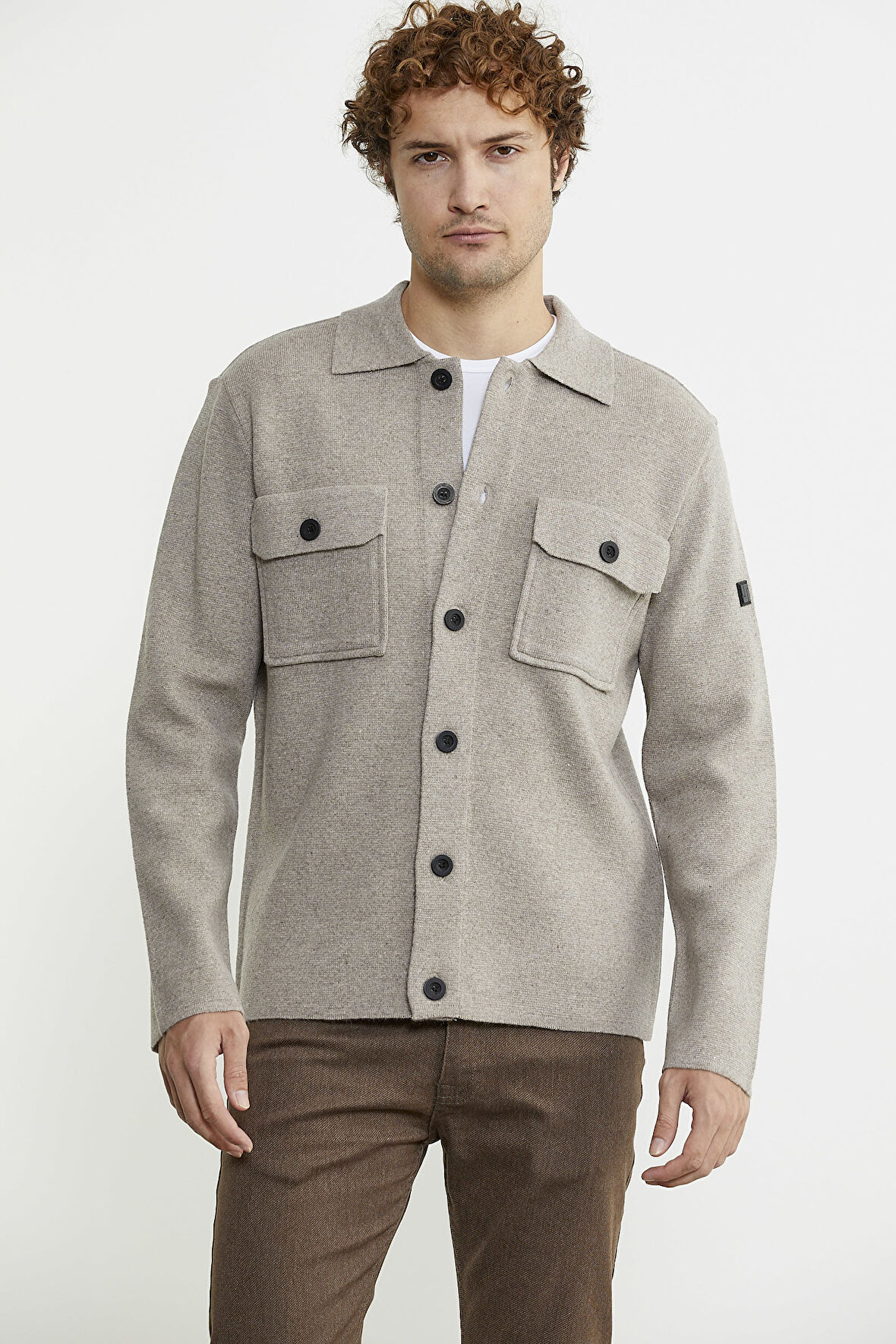 Polo Yaka Düğmeli Yünlü Triko Hırka - Vizon