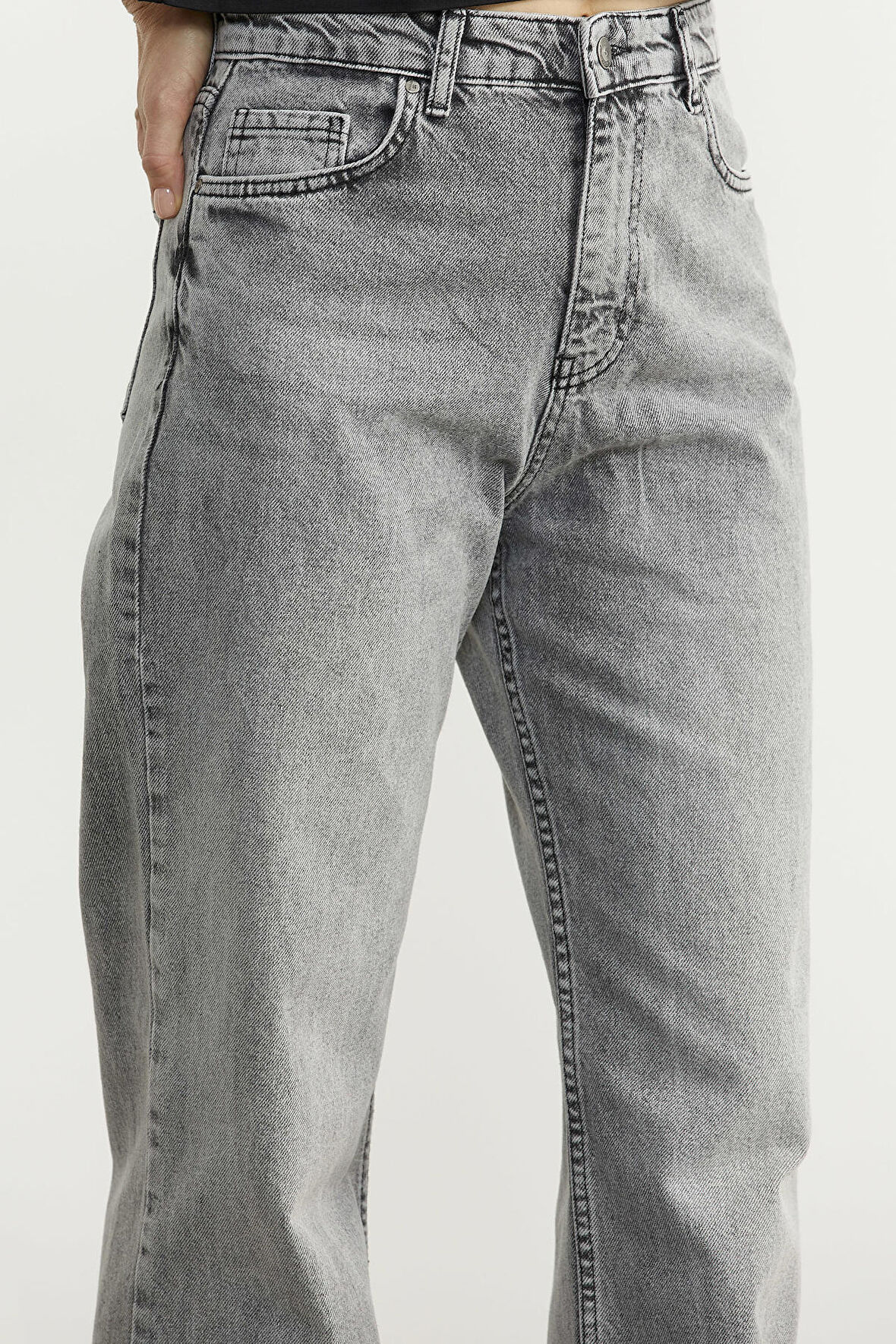 Yüksek Bel Geniş Paça Jean Pantolon - Açık Gri