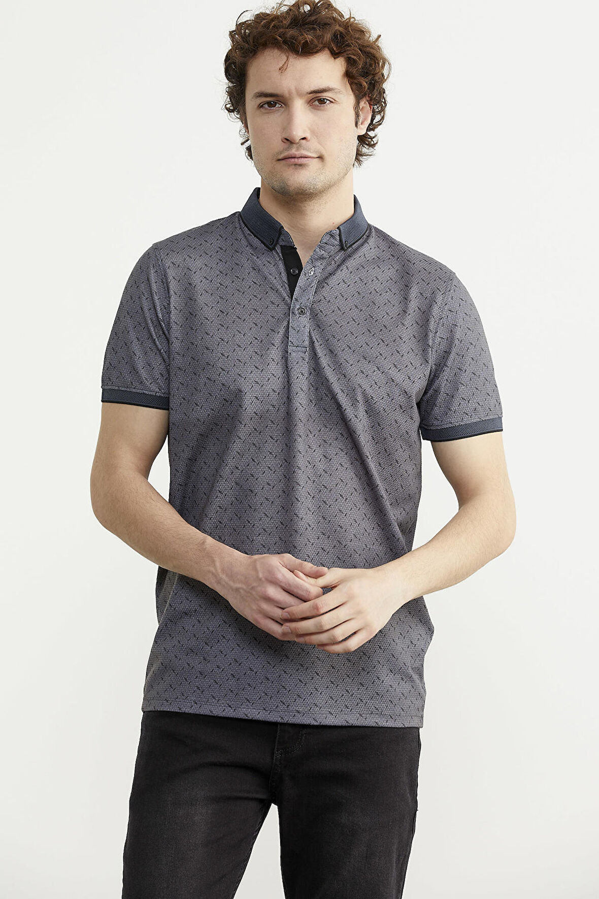 Desenli Slim Fit Triko Polo Yaka Tişört - Petrol