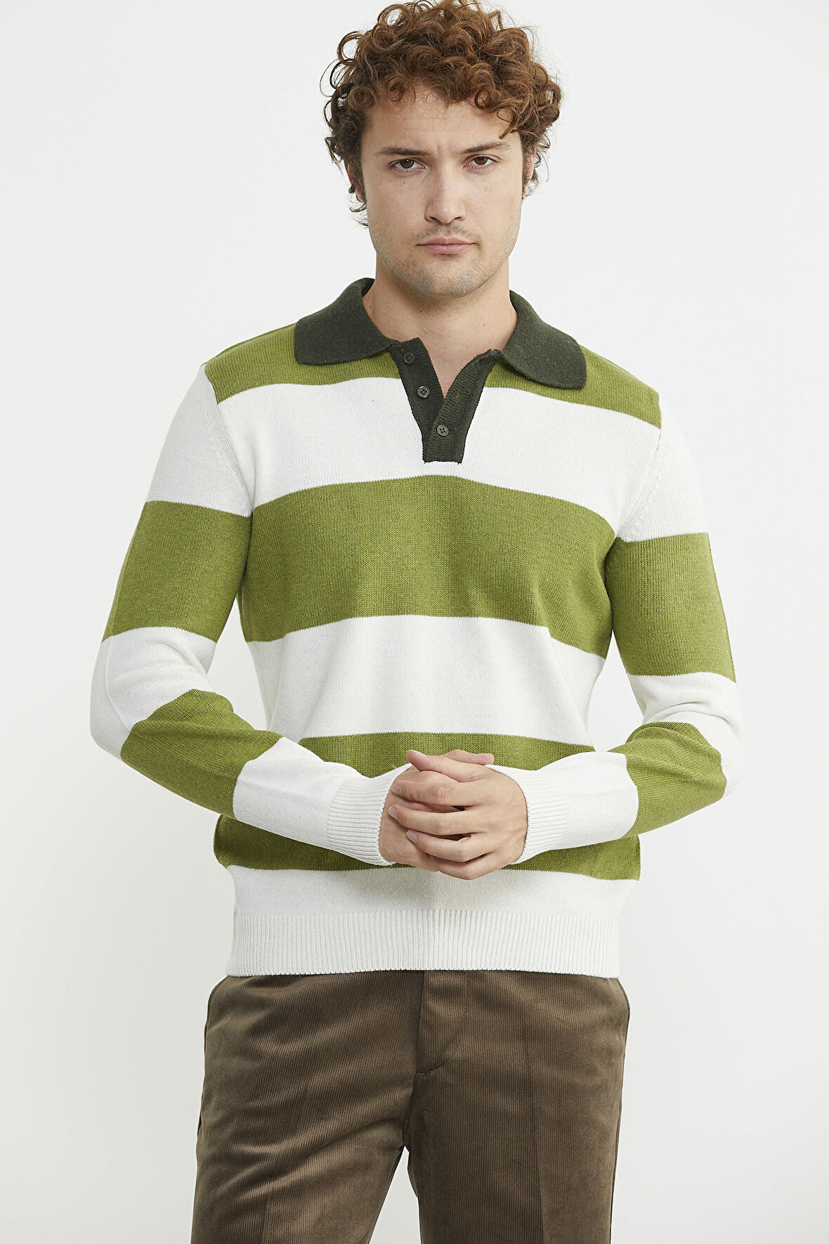 Çizgili Polo Yaka Yünlü  Triko Kazak - Yeşil
