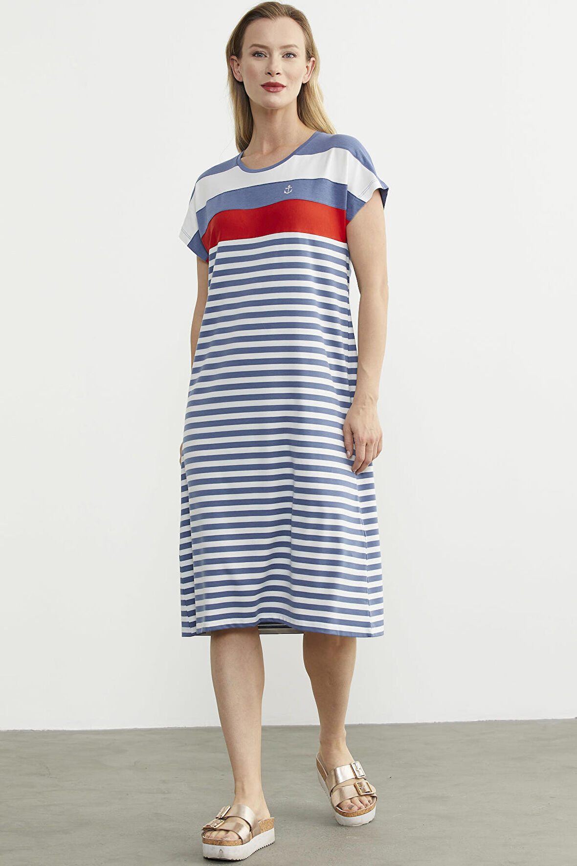 Sıfır Yaka Midi Boy Marine Elbise - Indigo