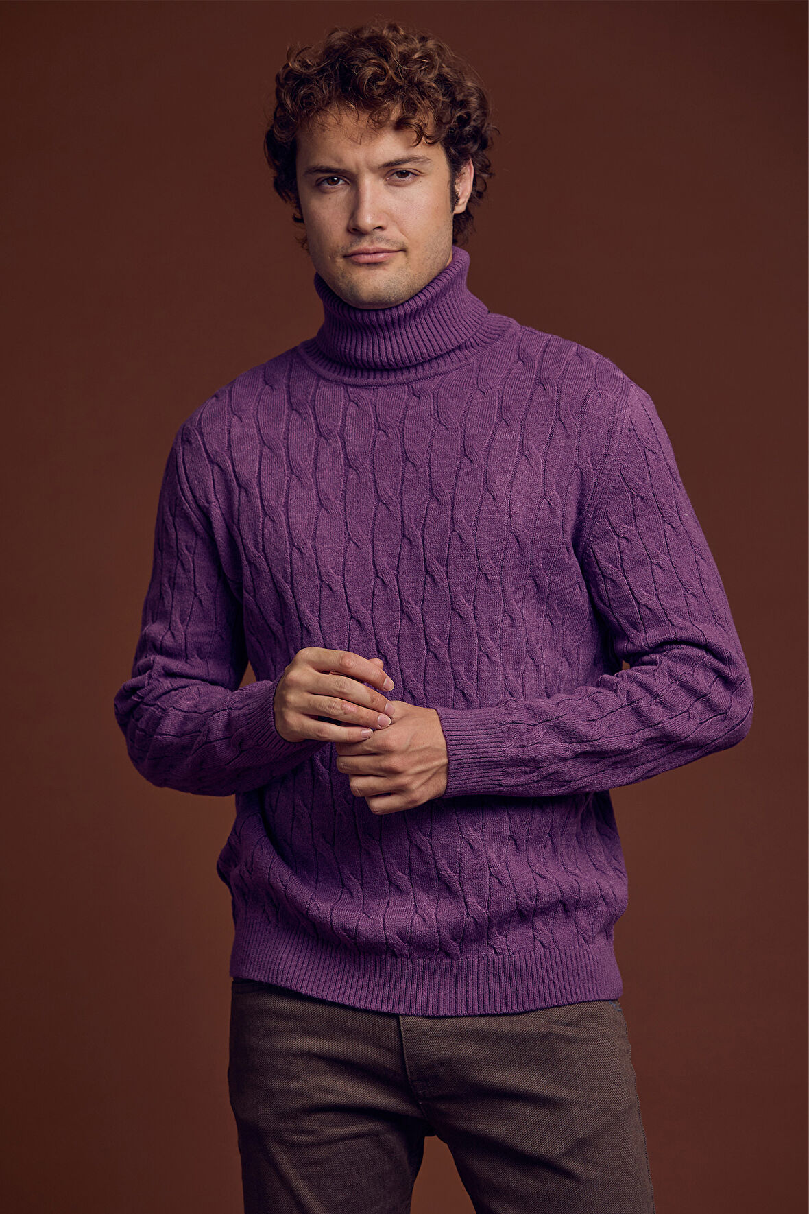 Tam Balıkçı Saç Örgü Triko Kazak - Lila