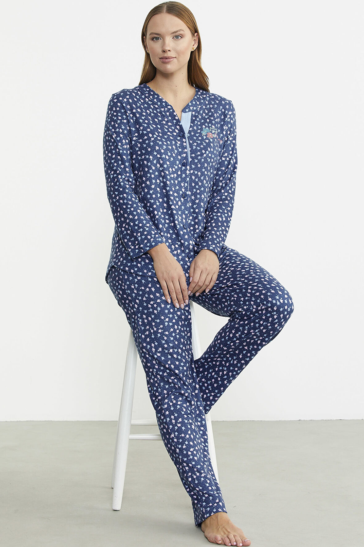Yumoş Düğmeli Uzun Kol Pijama Takım - Mavi