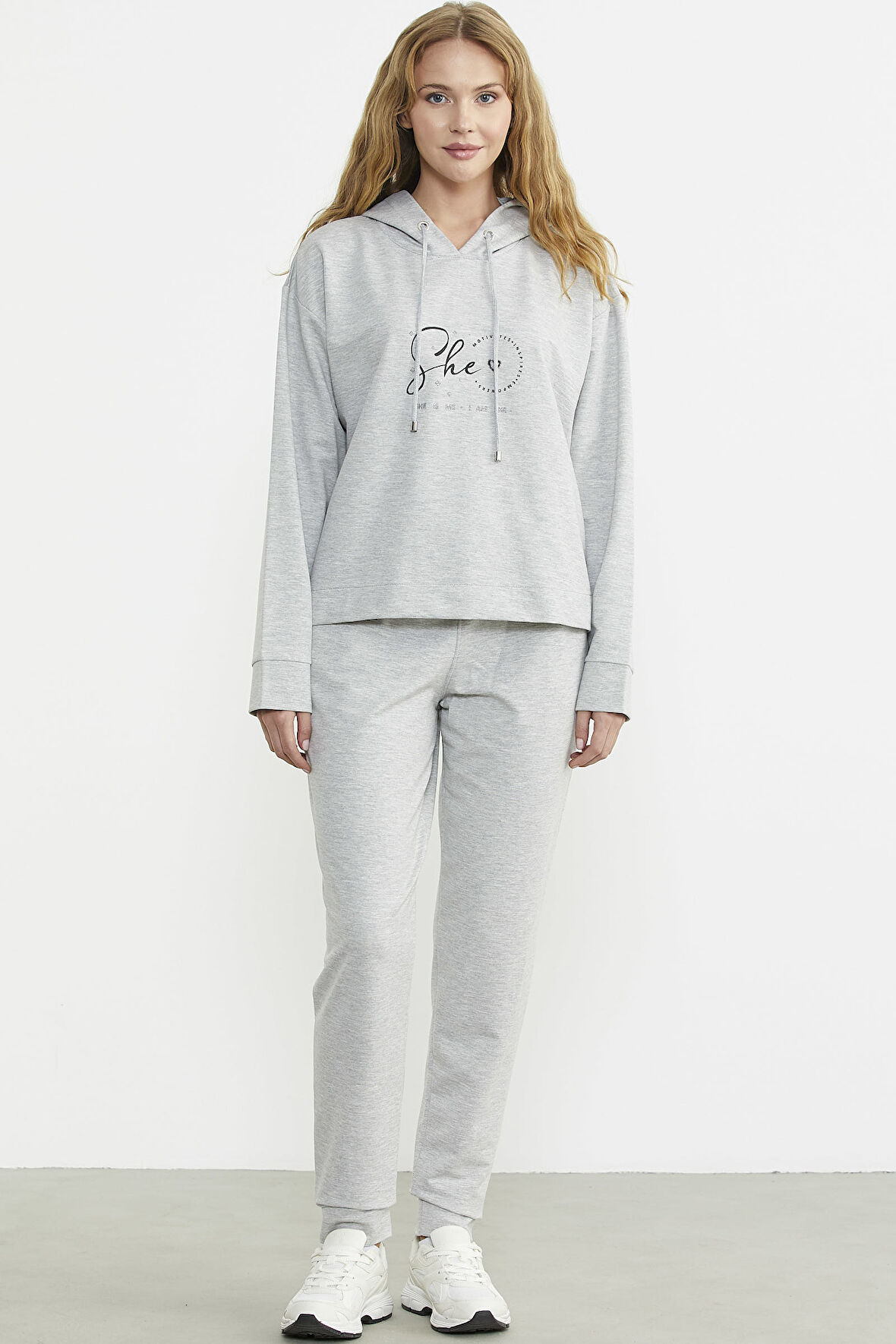 Baskı Detaylı Kapüşonlu Eşofman Takım - Gri