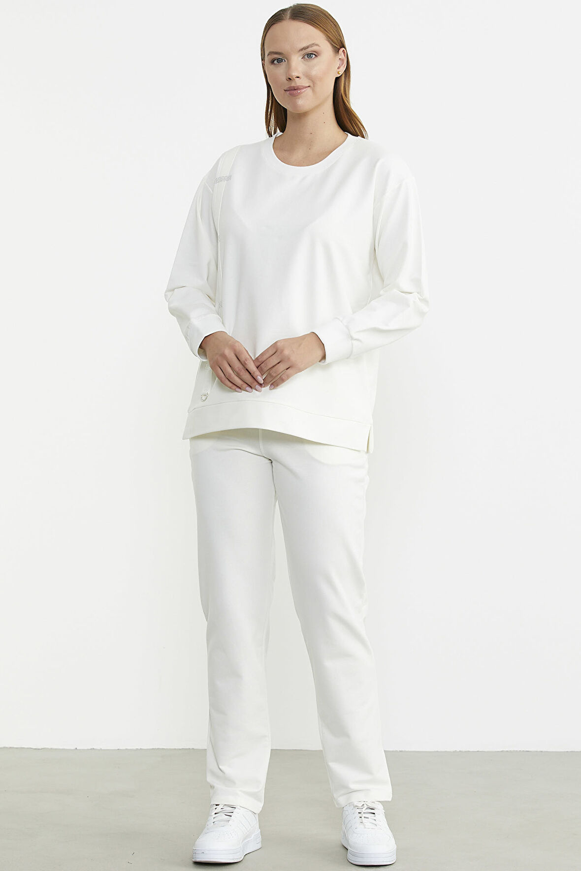 Taş Detaylı Sıfır Yaka  Eşofman Takım - Ekru