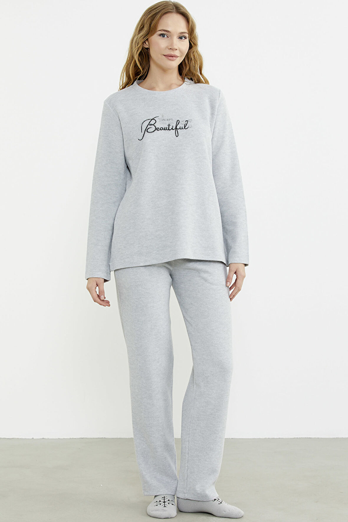 Fitilli Kalın Sıfır Yaka Pijama Takım - Gri