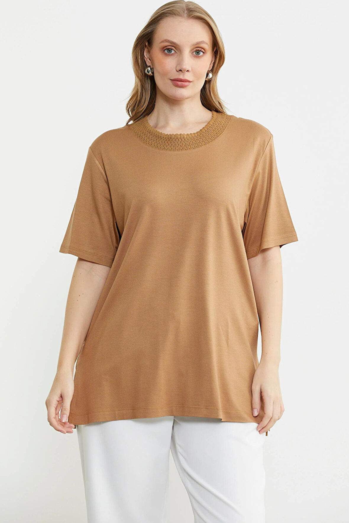 25Y2202-60066 SEMENTA TRİKO YAKA KONBİNLİ KISA KOL BLUZ