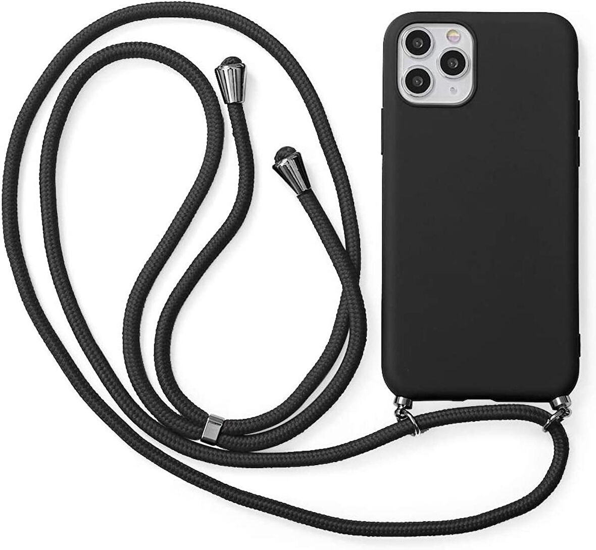 iPhone 13 Pro Max ile uyumlu İpli Boyun Askılı Silikon Kılıf Kadife iç Yüzeyli Epiphany Kılıf Siyah