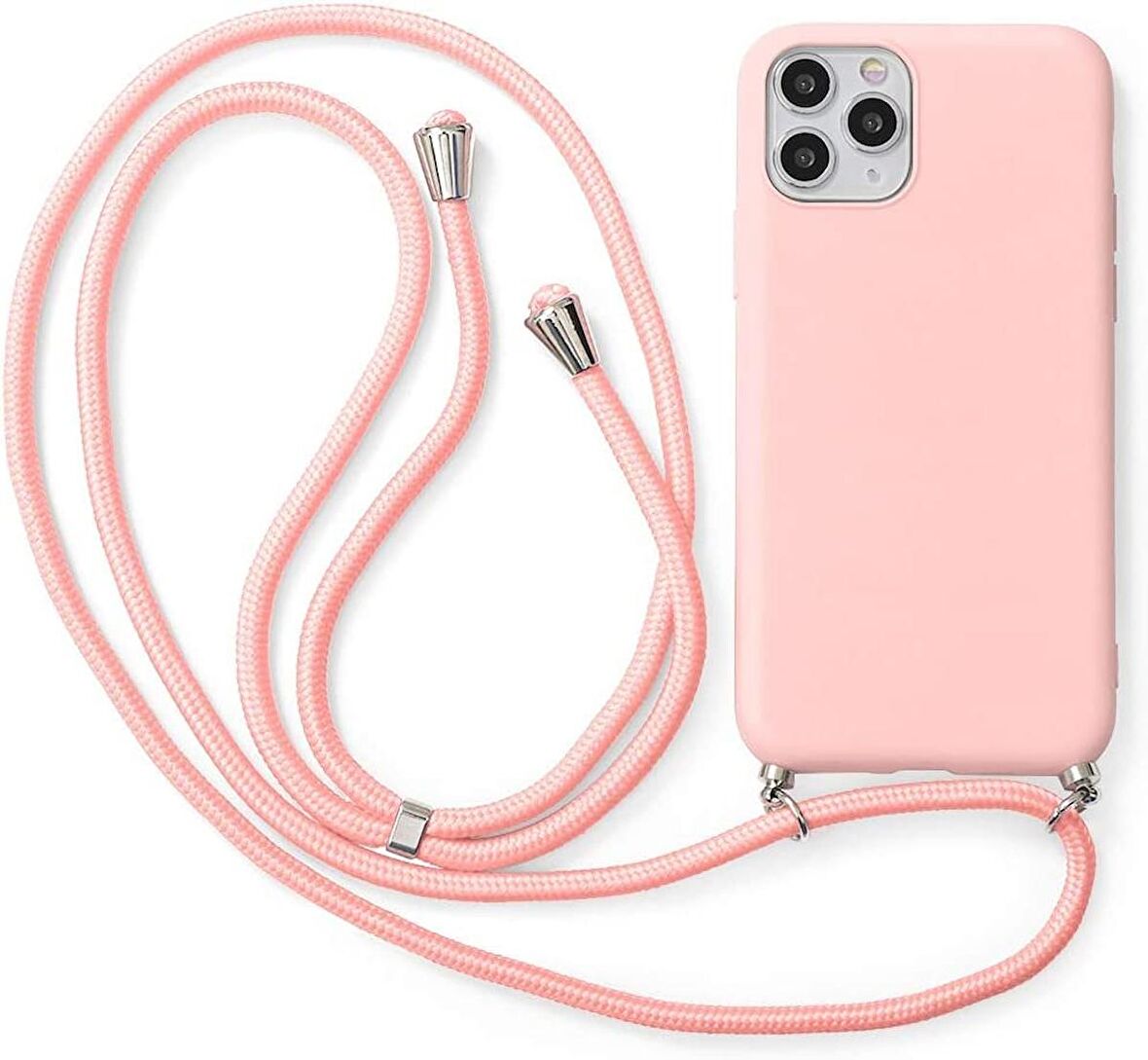 iPhone 11 ile uyumlu İpli Boyun Askılı Silikon Kılıf Kadife iç Yüzeyli Epiphany Kılıf Pembe