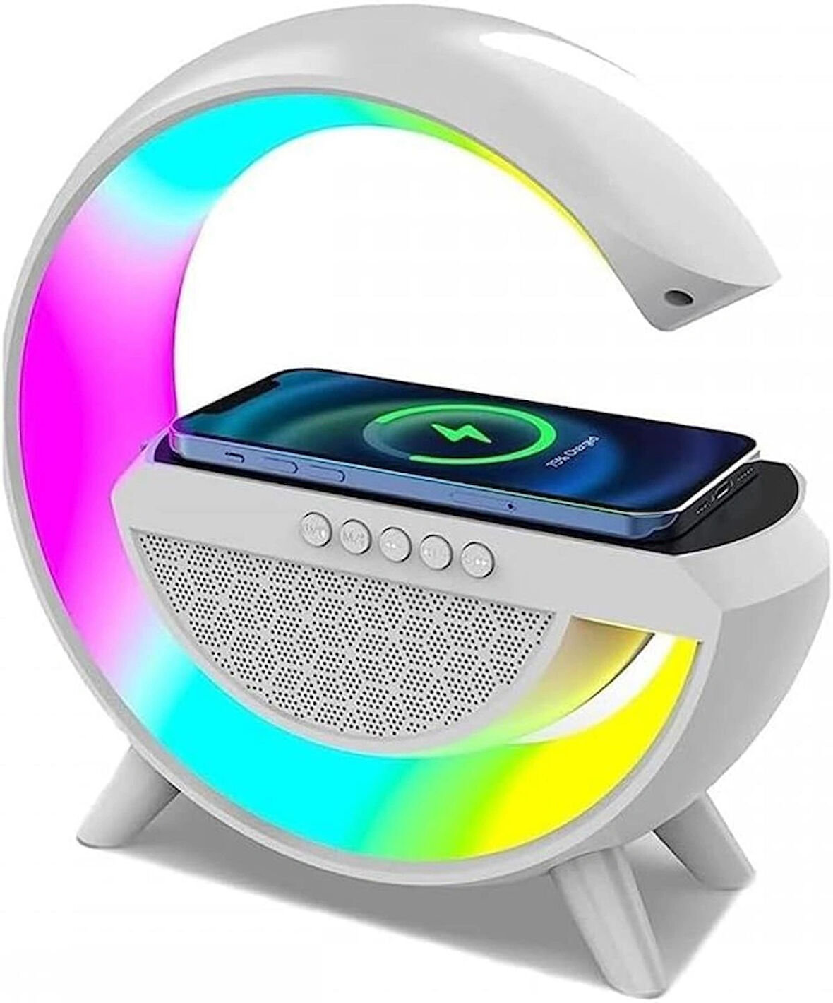 Coverzone Kablosuz Şarj İstasyonu Speaker Özellikli Led Işıklı FM Radyolu Harika Bluetooth Speaker iPhone Uyumlu ve Samsung Uyumlu Telefon Şarj Standı Lithium Bataryalı 22.5cm x 22.5cm - B2301