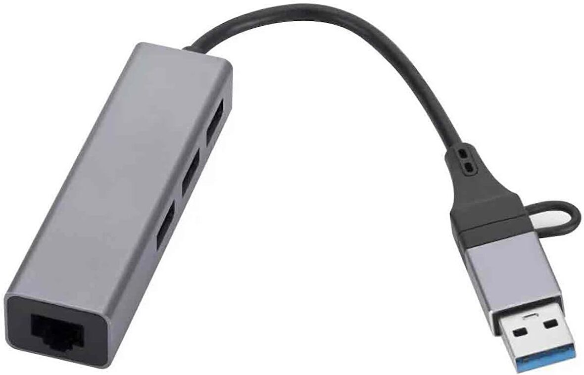 Coverzone USB 3.0 to Ethernet RJ45 Lan Hub 1000Mbps 3 Adet USB 3.0 Çıkışlı Ethernet Adaptörü type-c RJ45 LAN Kablosu USB 3.0 Hub Ağ Kartı PC Macbook Samsung