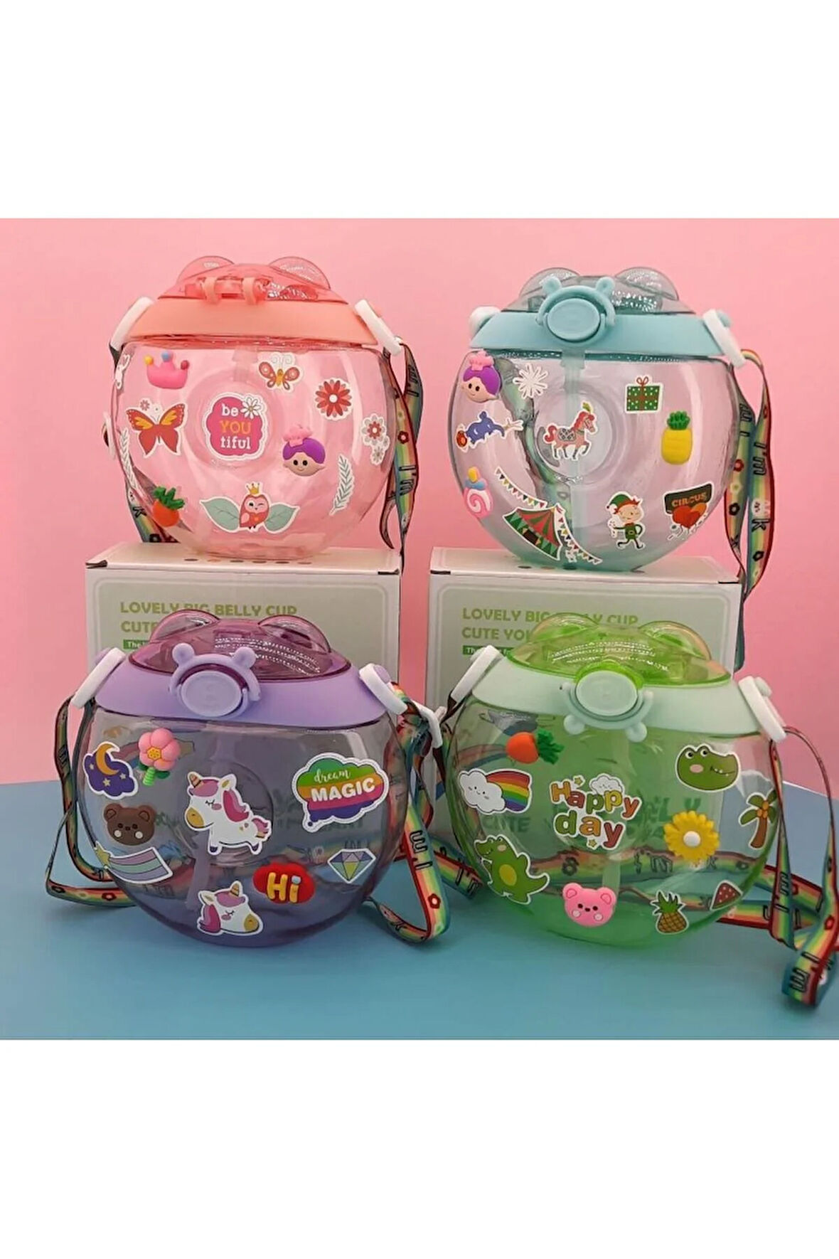 Su Matarası Askılı Suluk Renkli Desenli Karakter Çocuklara Özel Taşıması Kolay Okulda Kullanım CRK1