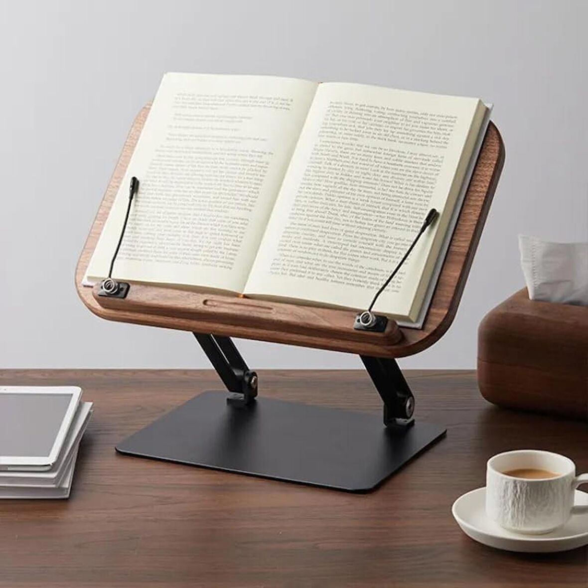 Coverzone Profesyonel Kitap Okuma Tutucu Ders Çalışma Sunum Standı Kaliteli Karbon Çelik ve Ahşap Malzeme Yüksekliği ve Açısı Ayarlanabilir Tablet Tutucu Olarak Kullanabilme A+ Kalite 34cm x 23cm TM13