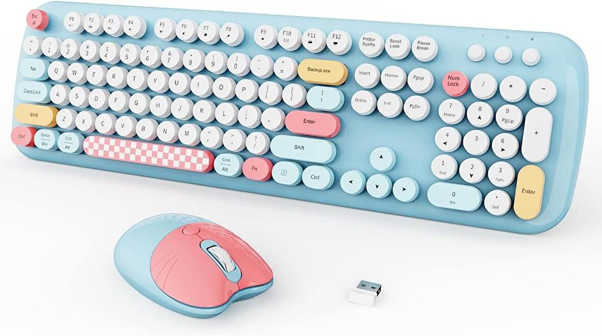 Geezer Kablosuz Klavye Ve Mouse Set Sevimli 104 Tuşlu Pc Notebook Laptop Uyumlu Klayve ve Fare Ev Ofis Kullanımına Uygun İngilizce Q Klavye Açık Mavi
