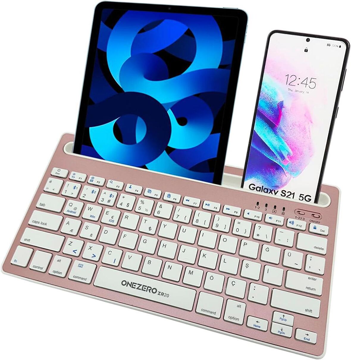 Coverzone Onezero Bluetooth Klavye Multi Fonksiyonel Kablosuz Türkçe Klavye 2 Cihaza Geçişi iPad Tablet Akıllı Telefon MacBook Android iOS Windows için Entegre Stand Tutuculu Rose Gold ZR20