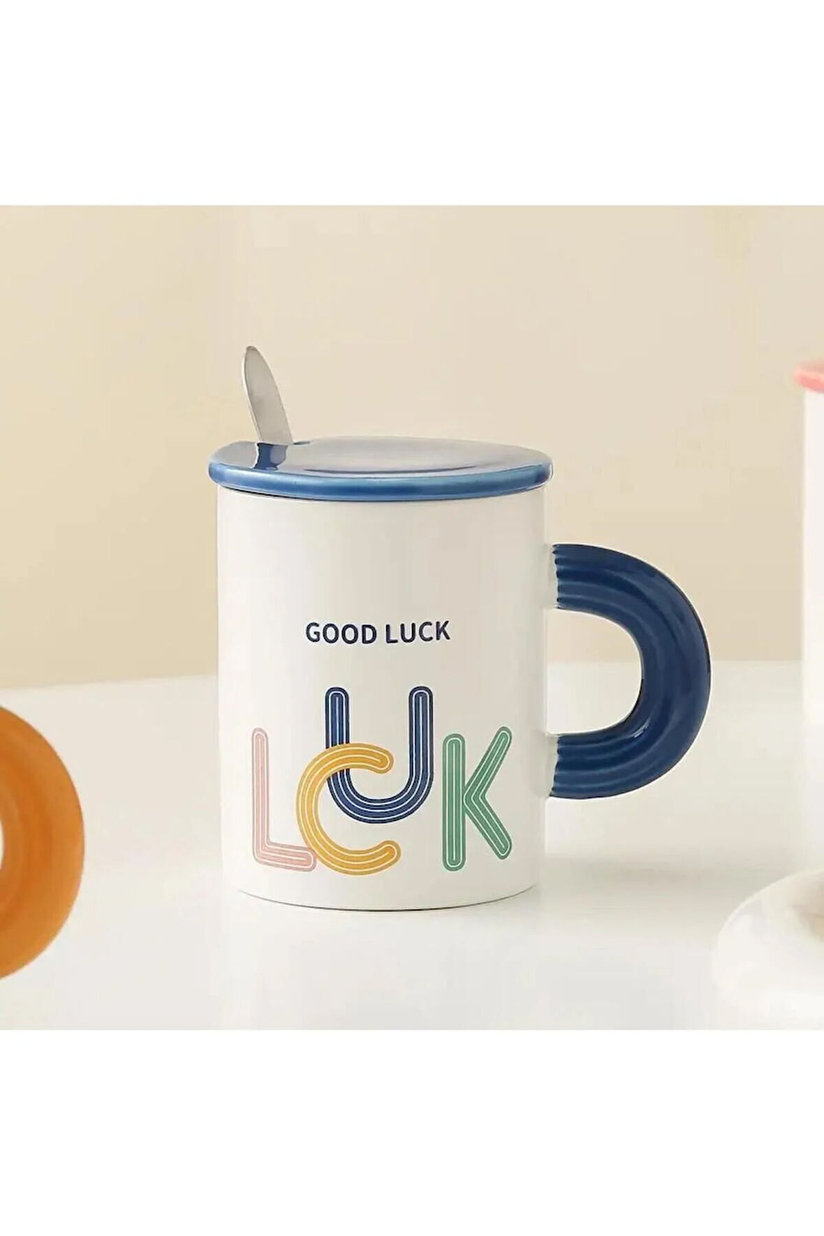Good Luck Şans Bardağı Seramik Kapakli Kaşıklı Kupa Mug Hediyelik 350 ML Beyaz