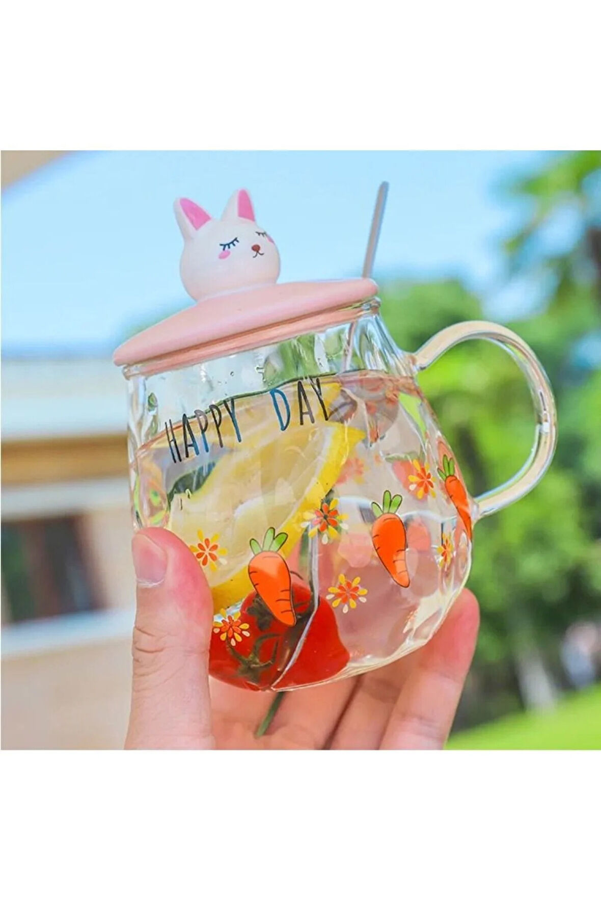Happy Day Havuç Desenli Tavşan  Figürlü Cam Pipetli Kapaklı Cam Bardak Kupa Dekoratif Hediyelik
