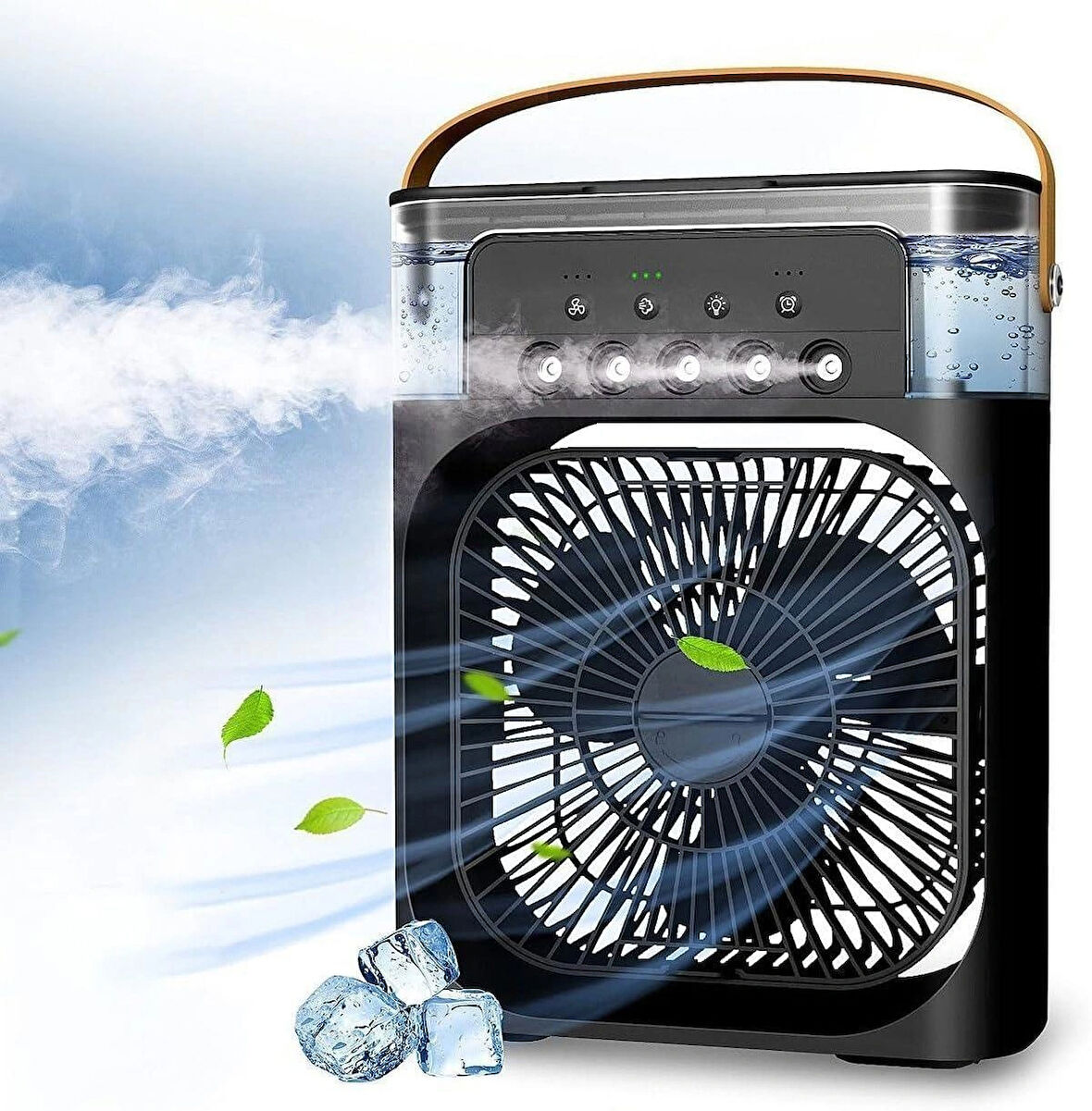 Coverzone Mini Buharlı Hava Soğutucu, Taşınabilir Portatif Klima, Mobil Sulu Klima, 3 Rüzgar Hızı, 3 Sis Modu, Buzlu Vantilatör 5 Sprey Delikli ile Renkli LED Işıklı Siyah Renk - HR025 [Enerji Sınıfı A+]