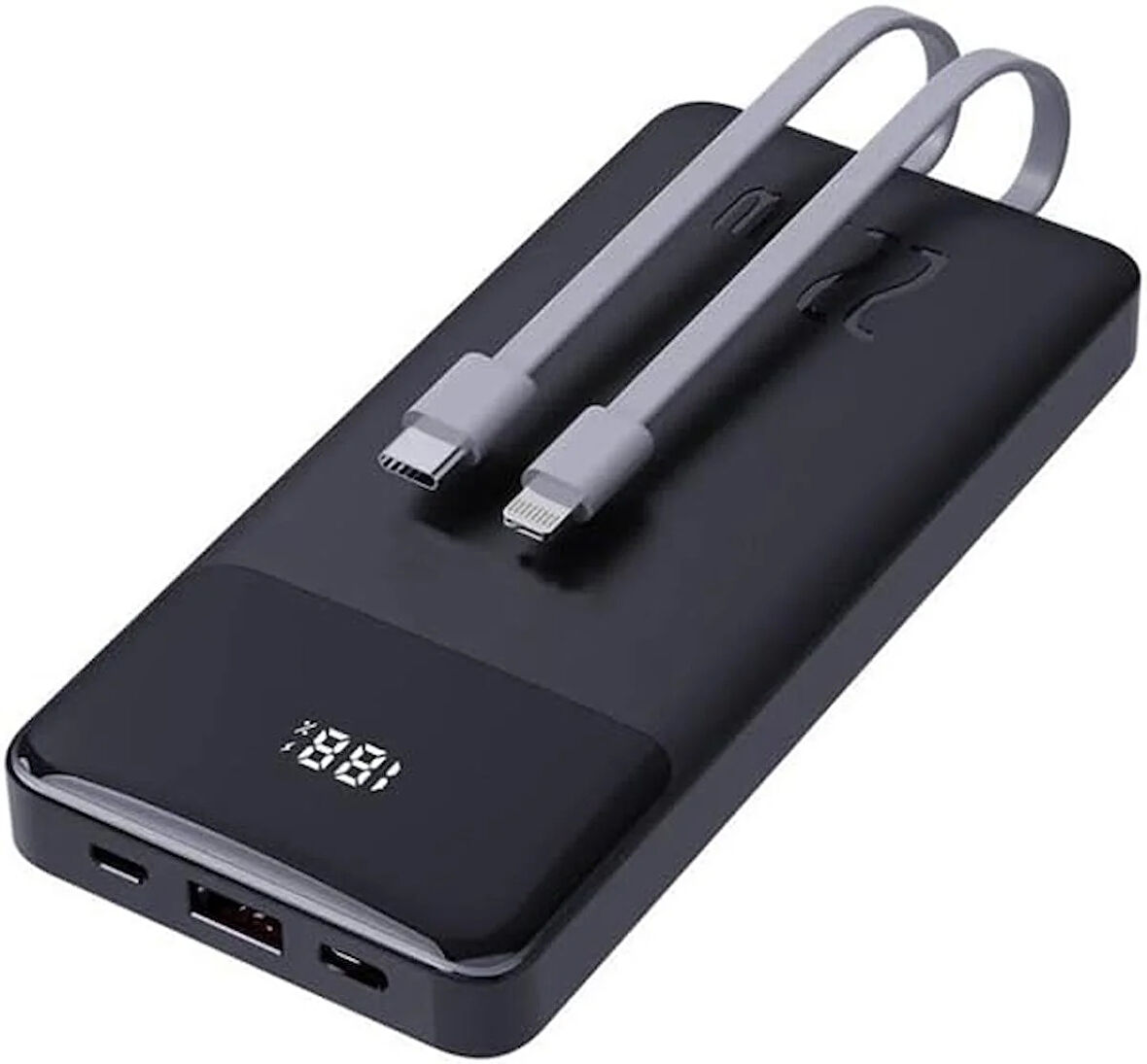 Coverzone Dunspin Led Ekranlı Powerbank 10000mAH Dahili Type-C Kablo Dahili Lightning Kablo iPhone Uyumlu Güç Bankası Şarj Cihazı (W19 10000mAh - Siyah)