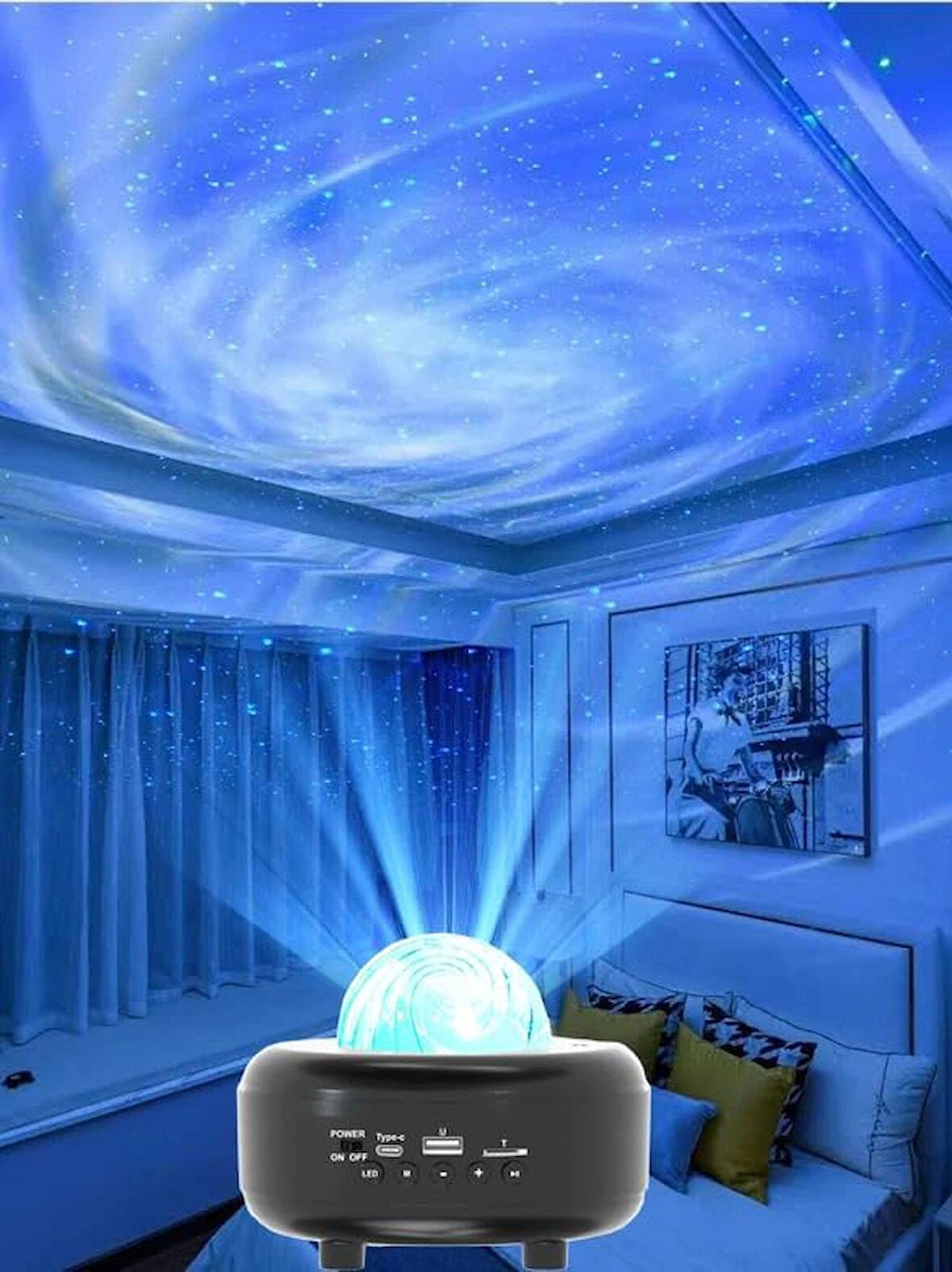 Coverzone Galaksi Gökyüzü ve Yıldızları Yansıtan Gece Lambası Hoparlör Özellikli LED RGB Işıklı Telefon ile Bluetooth Bağlantı RGB Starry Sky Light Speaker CH-M27