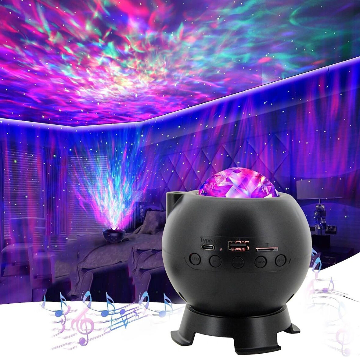 Coverzone Galaksi Gökyüzü ve Yıldızları Yansıtan Gece Lambası Hoparlör Özellikli LED Rgb Işıklı Telefon ile Bluetooth Bağlantı RGB Starry Sky Light Speaker CH-M25