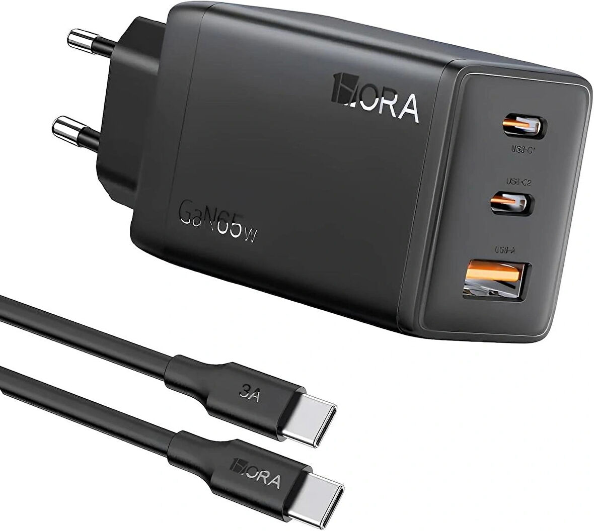 Coverzone 1HORA Duvar Şarj Aleti USB C GaN65W Hızlı Şarj Cihazı 65W Çıkışlı Tablet ve Telefon Tip C Şarj Aleti Fast Charge Wall Charger 2 Metre Type-C Kablo ile Birlikte GAR322-EU - Siyah
