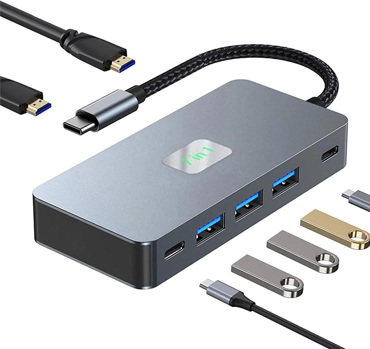 Coverzone Çoklayıcı Adaptör 7in1USB-C To USB 3.0 ve USB/C 4 Ports HUB + HDTV (4K/30Hz) + PD Macbook Uyumlu Çevirici Adaptör Çok Portlu Çoklayıcı 7 in 1 USB HUB CK-510