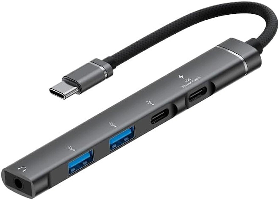 Coverzone Type-C Hub, 5in1, 2 Adet Type-C, 2 Adet USB-A Çoklayıcı, 3,5 mm Kulaklık Çıkışlı USB C Hub Adaptörü Macbook ile Uyumlu H03