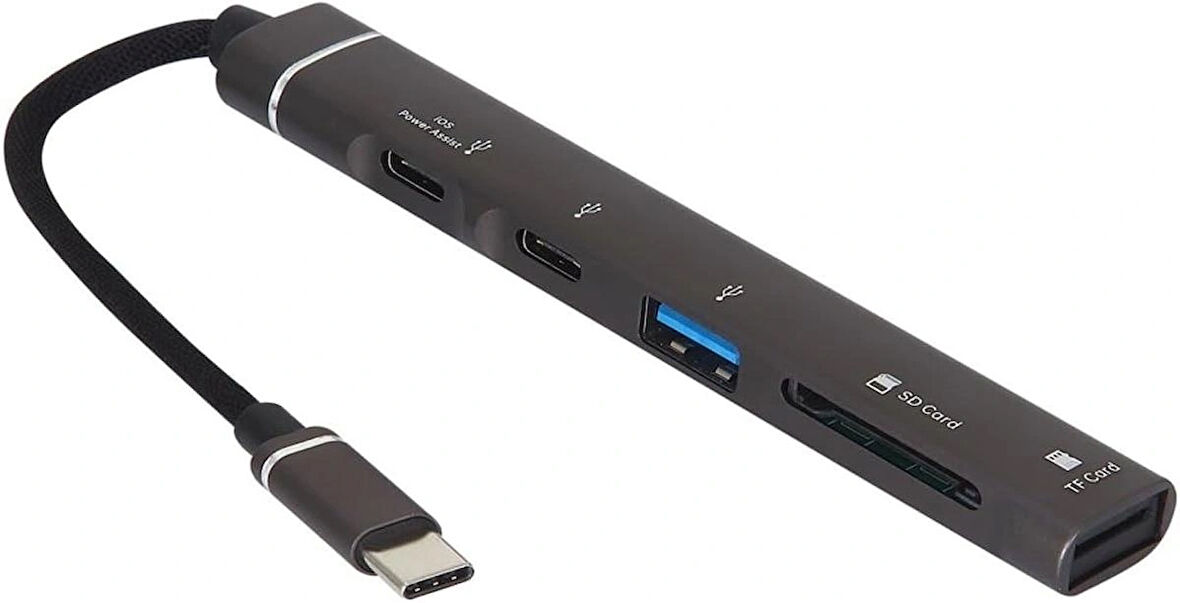 Coverzone Type-C Hub, 5in1, 2 Adet Type-C, 1 Adet USB-A Çoklayıcı, TF Kart Girişli USB C Hub Adaptörü SD Kart Okuyucu Macbook ile Uyumlu H02 ZR888