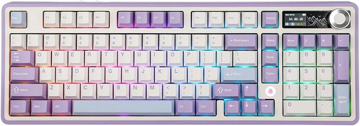 Coverzone Ajazz AK980 Ekranlı Mekanik Klavye RGB, Tam Boy Hot-Swap 3 Modlu 8000 Mah Batarya Oyun Klavyesi, Bluetooth /2.4g Kablosuz/Type-C Kablolu Mor/Gift Switch